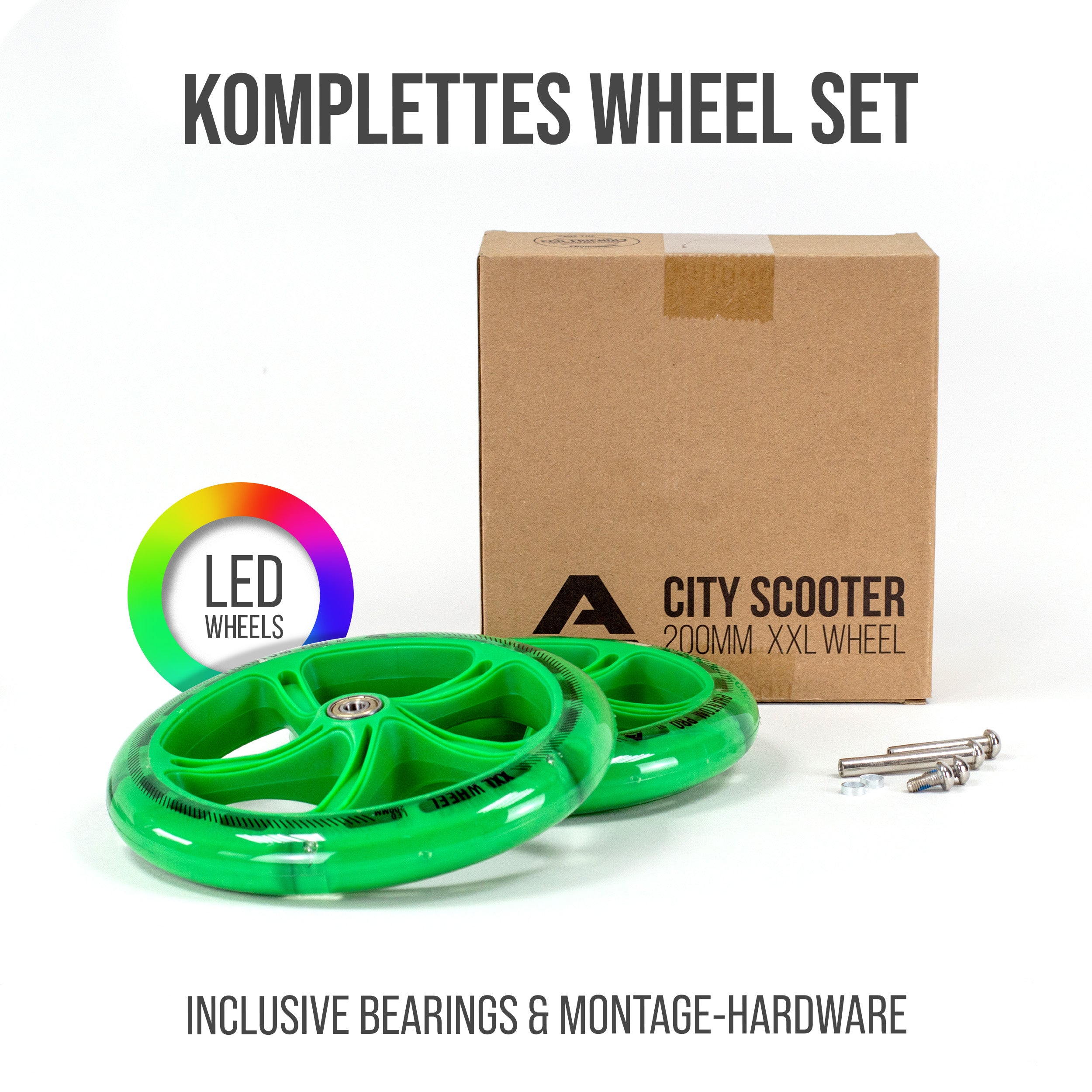 Apollo - 200 mm Ersatzräderset für City Scooter - Phantom / Spectre - LED Grün Transparent