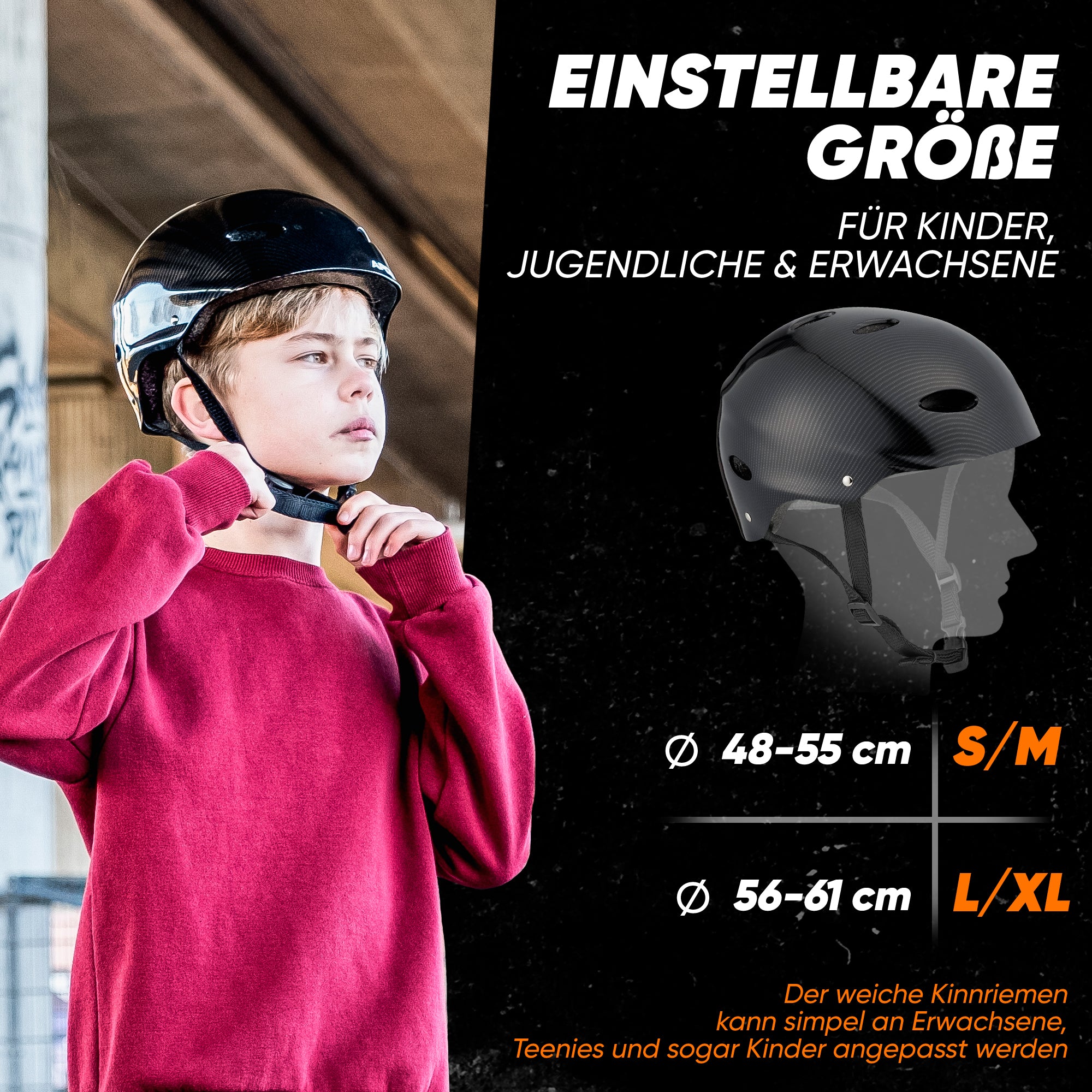 Apollo - Skatehelm, Multi Sport Helm Herren, Damen, Kinder, Kinderfahrradhelm verstellbar - Dark Carbon