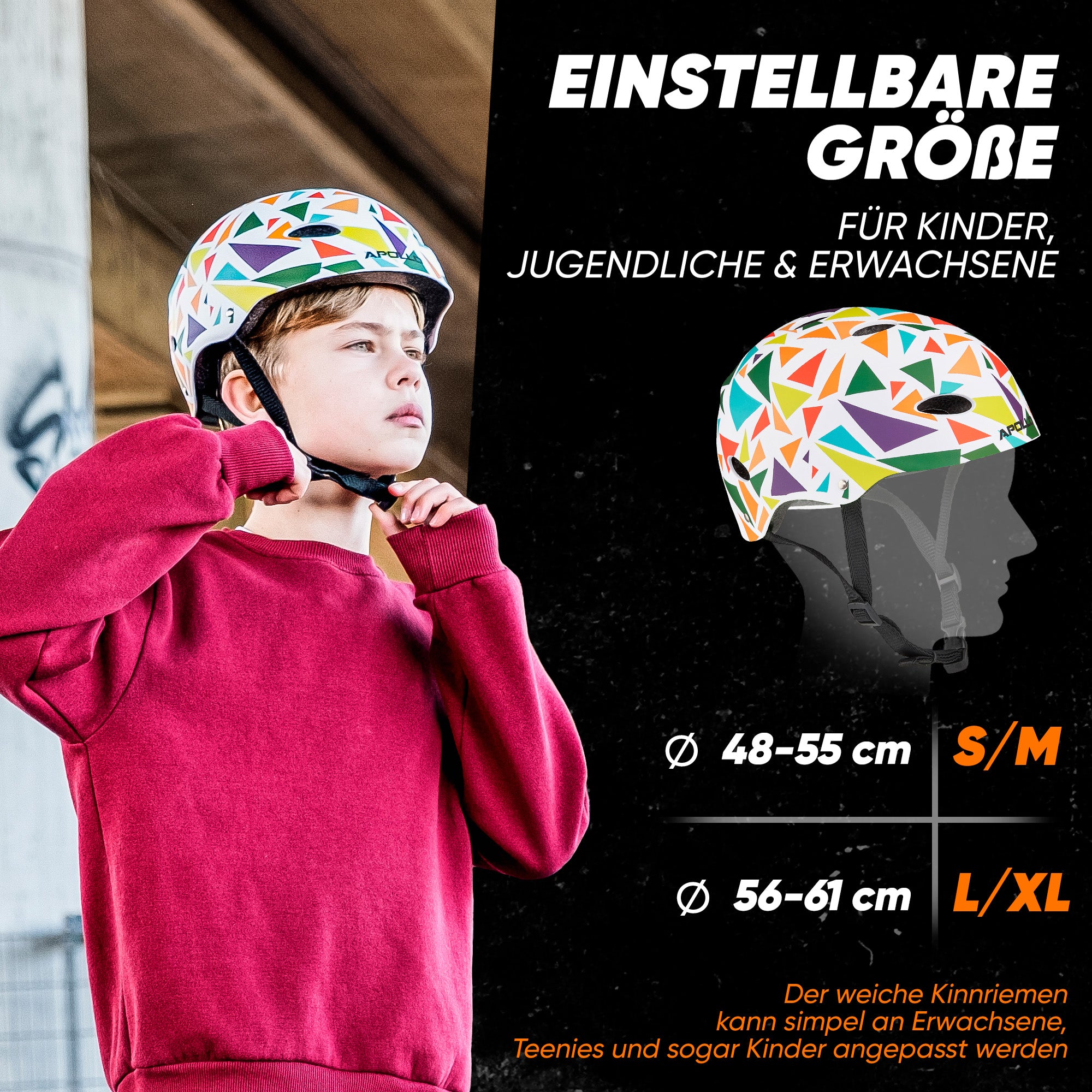 Apollo - Skatehelm, Multi Sport Helm Herren, Damen, Kinder, Kinderfahrradhelm verstellbar - Triangle