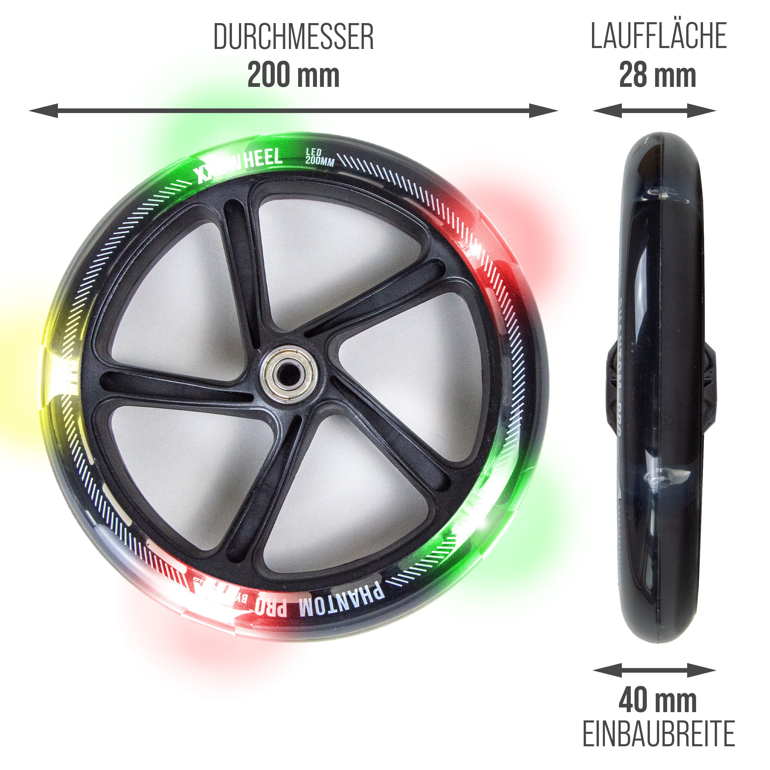 Apollo - 200 mm Ersatzräderset für City Scooter - Phantom / Spectre - LED Schwarz Transparent