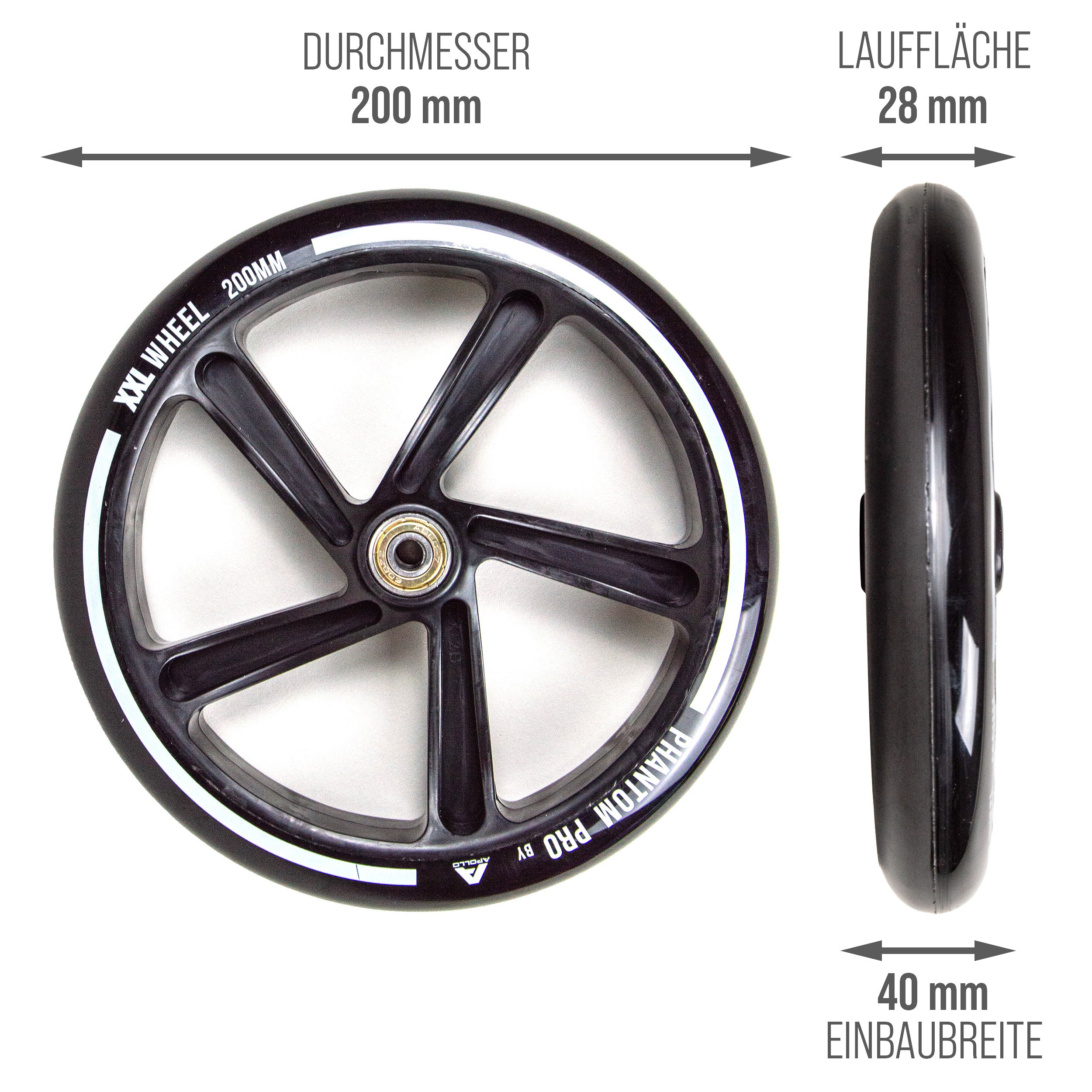 Apollo - 200 mm Ersatzräderset für City Scooter - Phantom / Spectre - Schwarz Schwarz