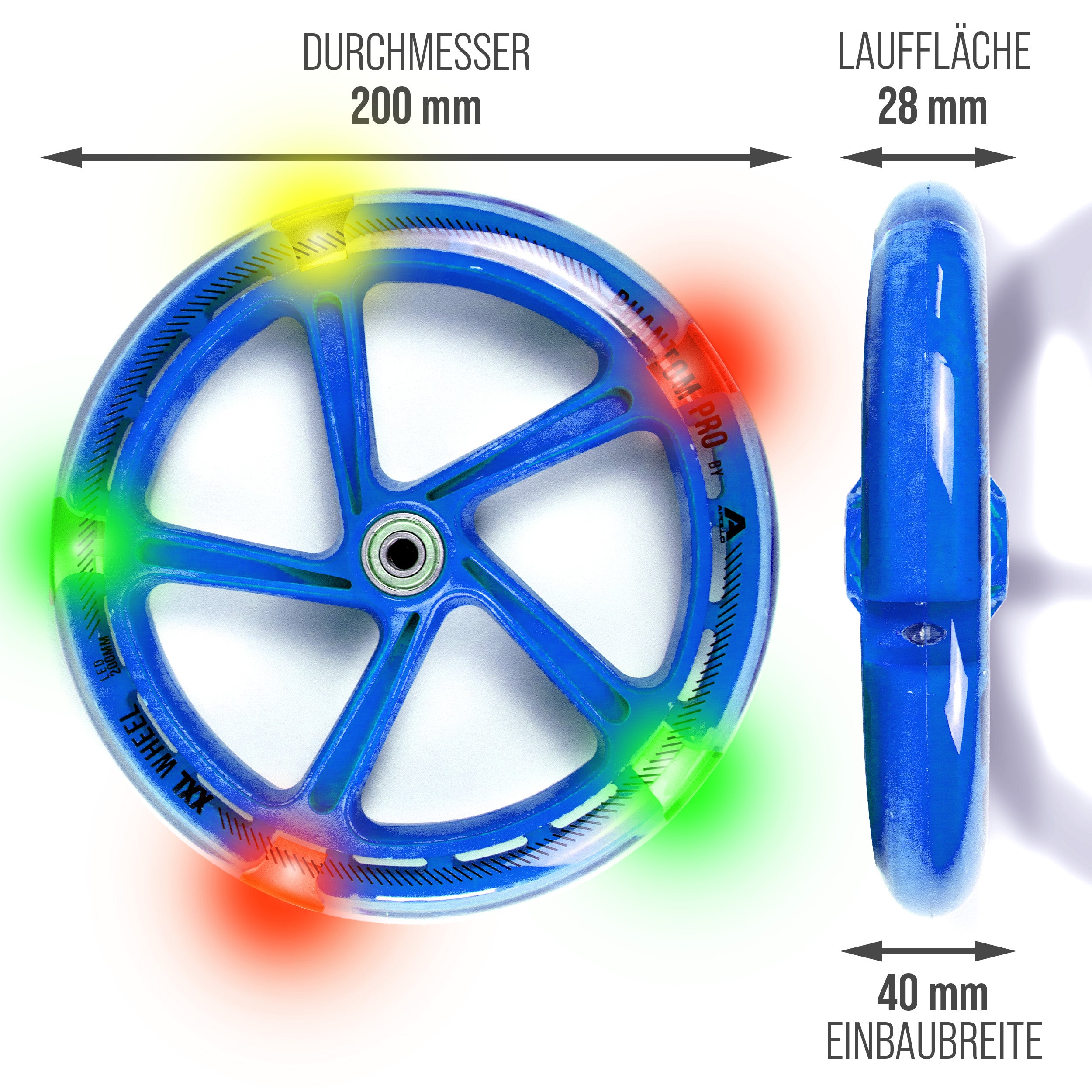 Apollo - 200 mm Ersatzräderset für City Scooter - Phantom / Spectre - LED Blau Transparent