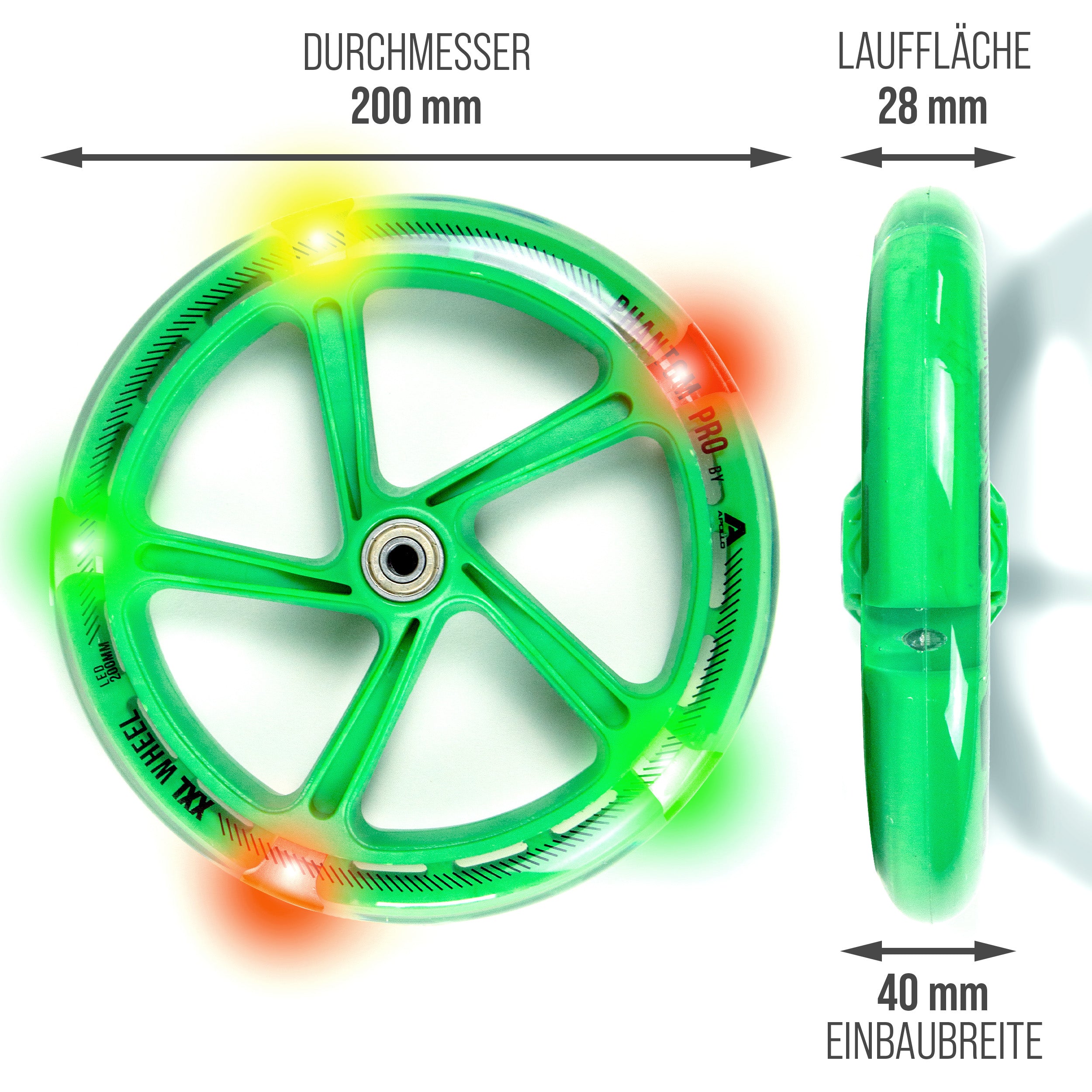 Apollo - 200 mm Ersatzräderset für City Scooter - Phantom / Spectre - LED Grün Transparent