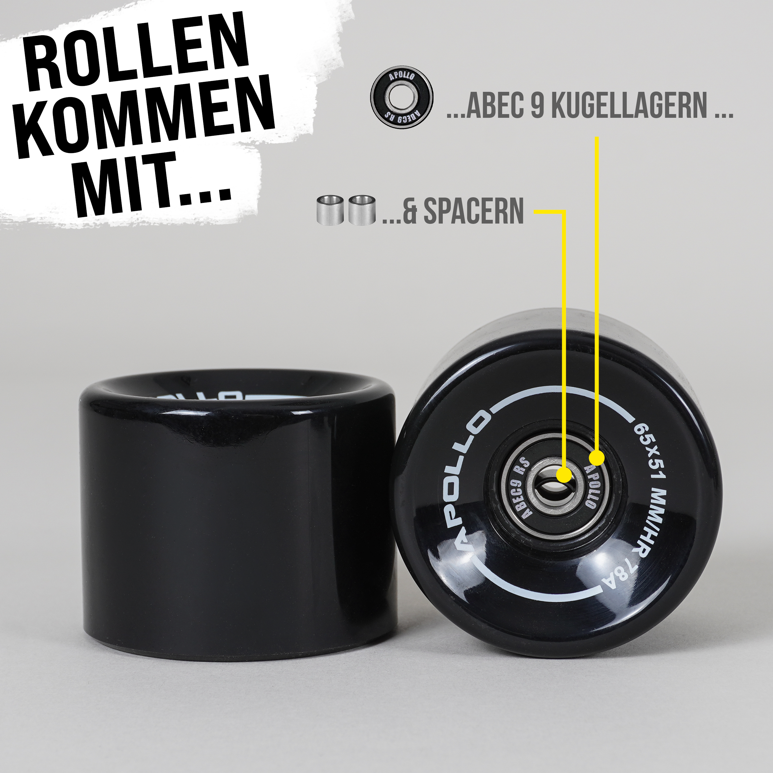 Apollo Funsport - Apollo Black Longboard & Skateboard Wheels - Black - 65 x 51