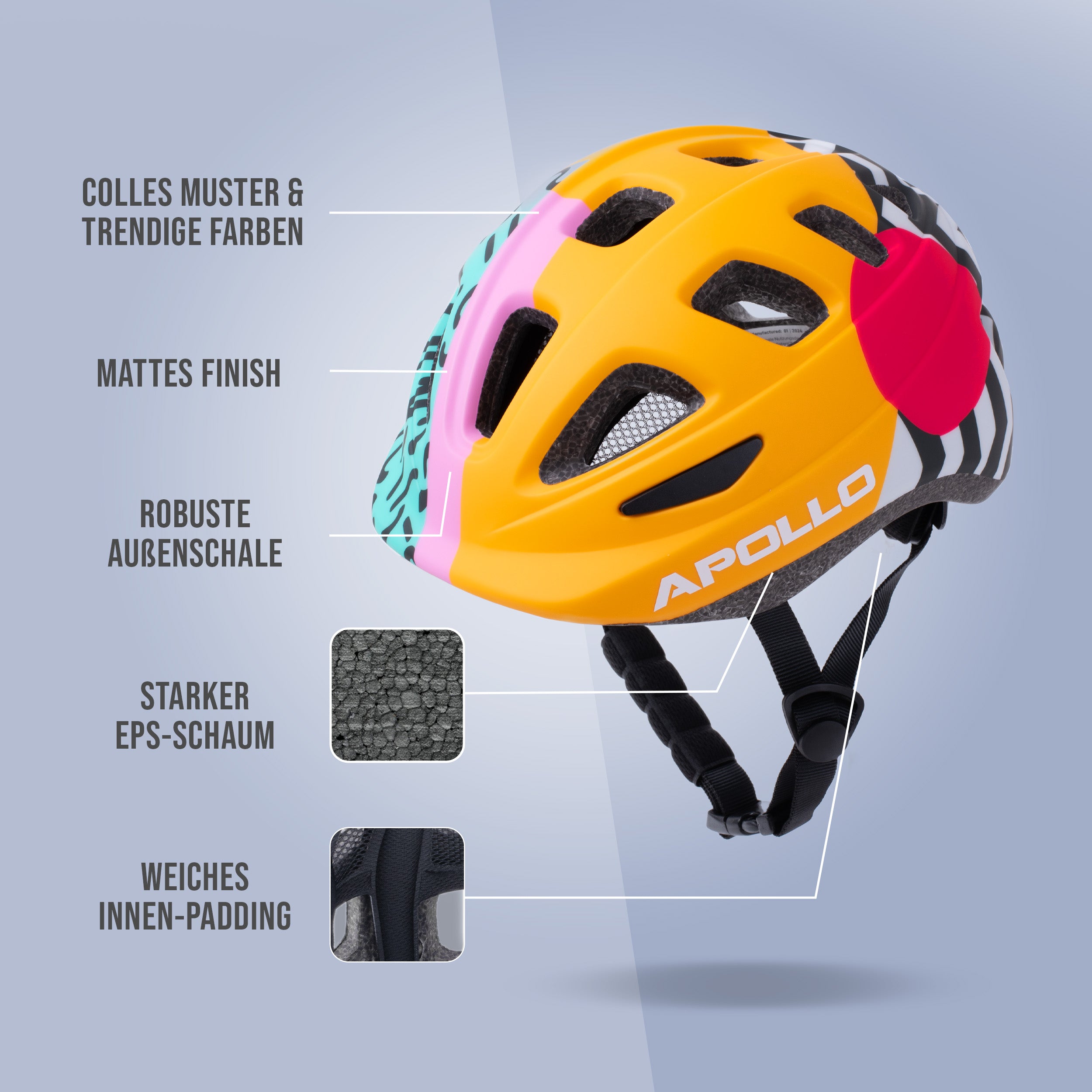 Apollo - Apollo Kinder Fahrradhelm, Helm für Kinder & Jugendliche, Multisport Helm - 90s Revival