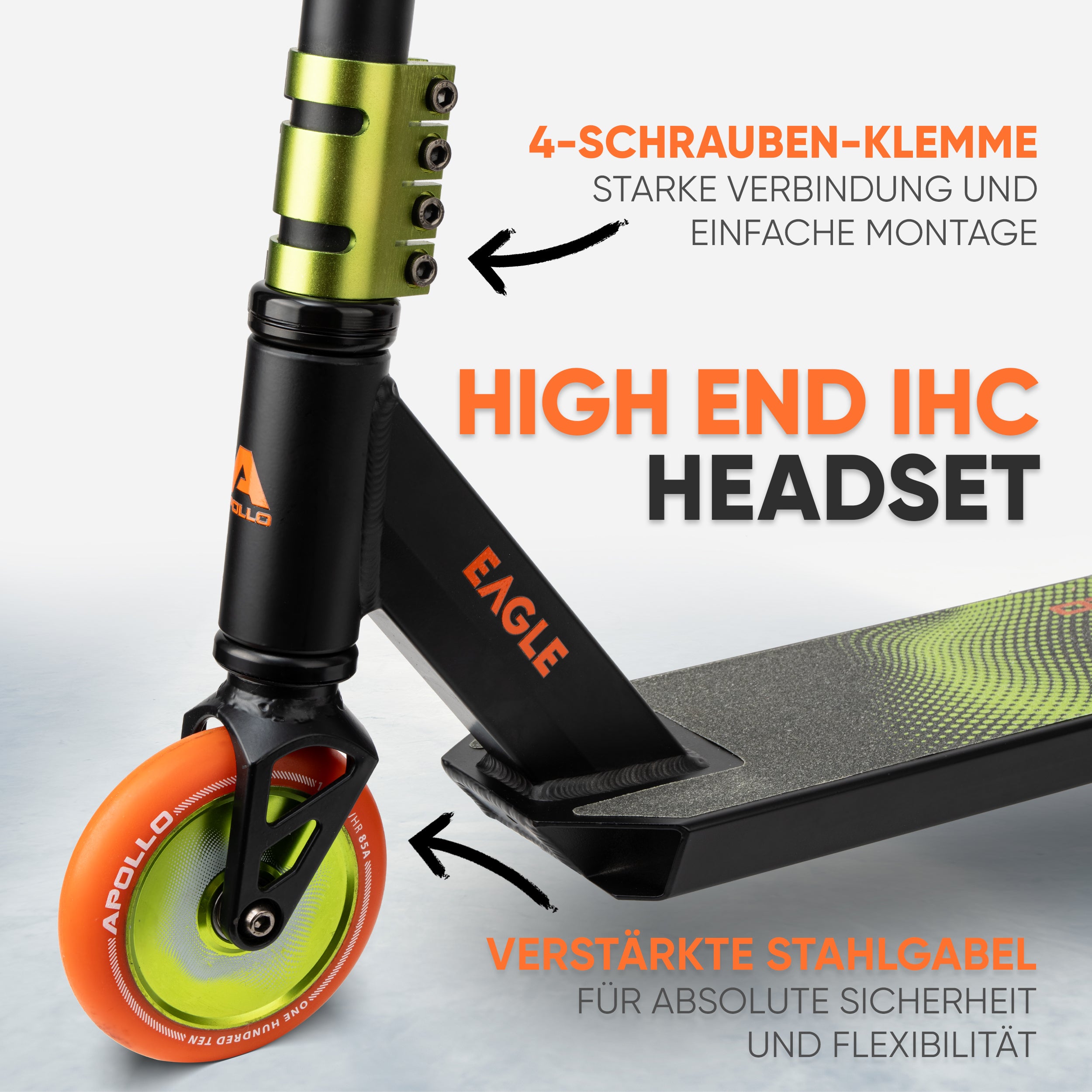 Apollo - Stunt Scooter 'Eagle' - eloxierter Profi Stuntroller mit ABEC 9 Kugellagern - Schwarz Grün Orange