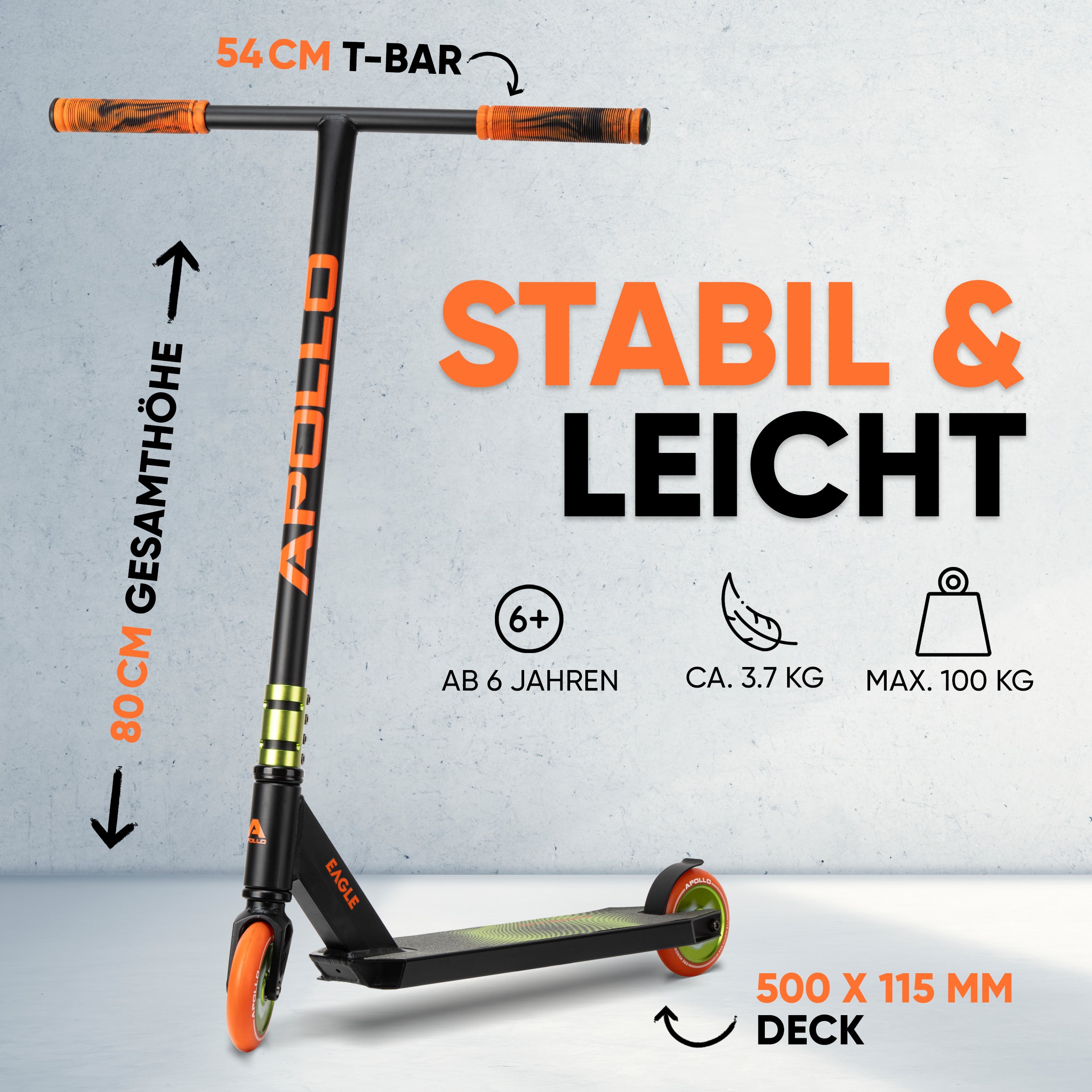 Apollo - Stunt Scooter 'Eagle' - eloxierter Profi Stuntroller mit ABEC 9 Kugellagern - Schwarz Grün Orange