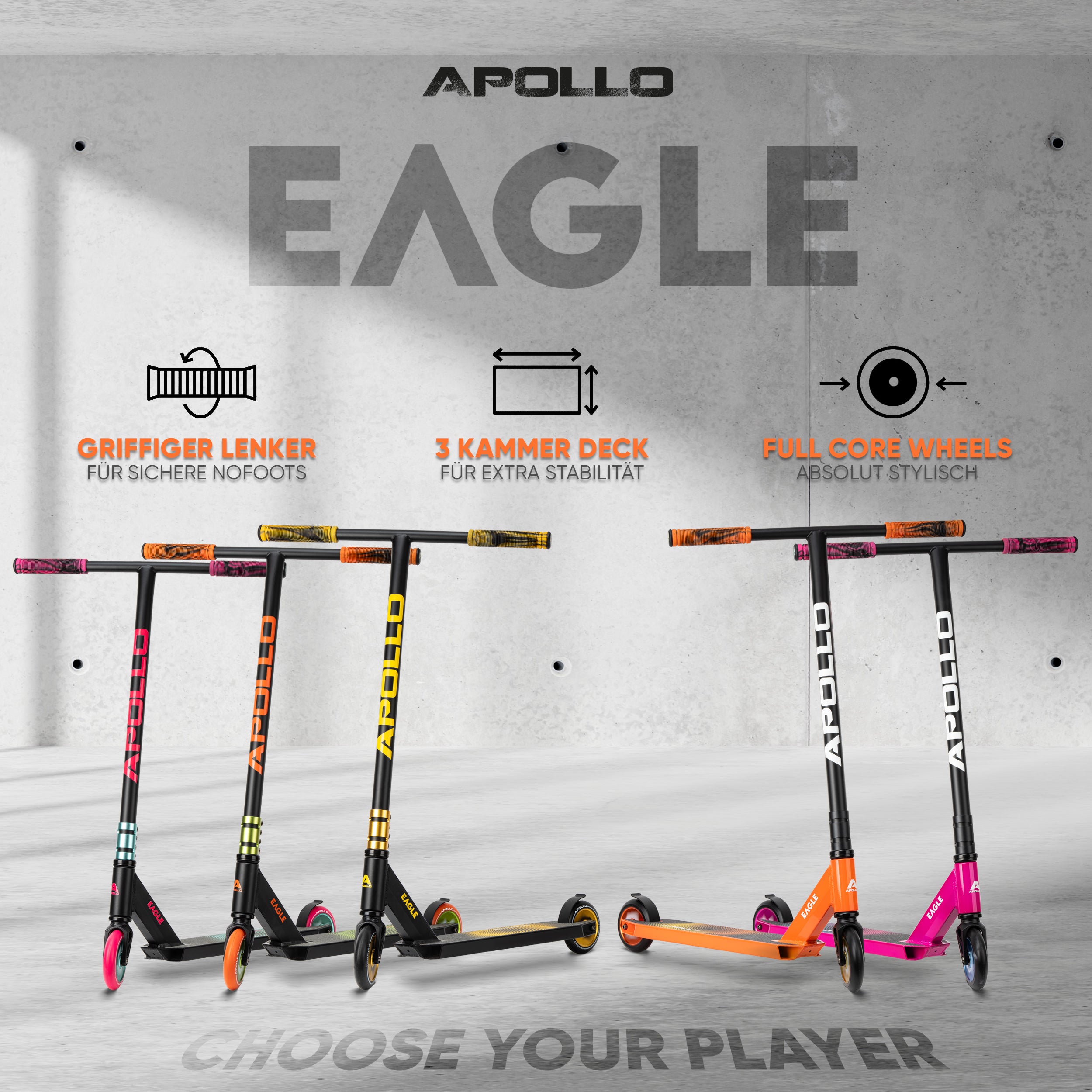 Apollo - Stunt Scooter 'Eagle' - eloxierter Profi Stuntroller mit ABEC 9 Kugellagern - Schwarz Grün Orange