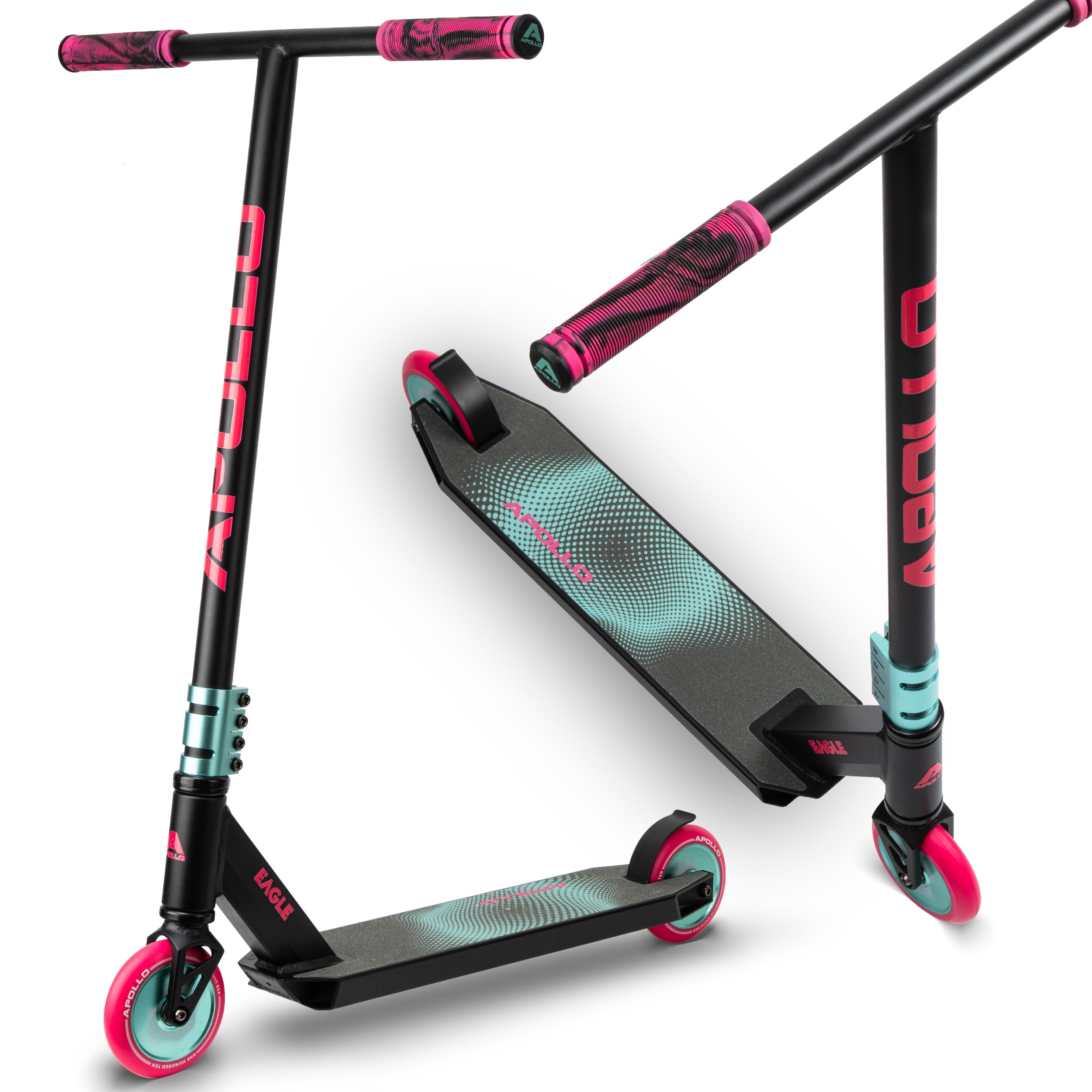 Apollo - Stunt Scooter 'Eagle' - eloxierter Profi Stuntroller mit ABEC 9 Kugellagern - Schwarz Mint Pink