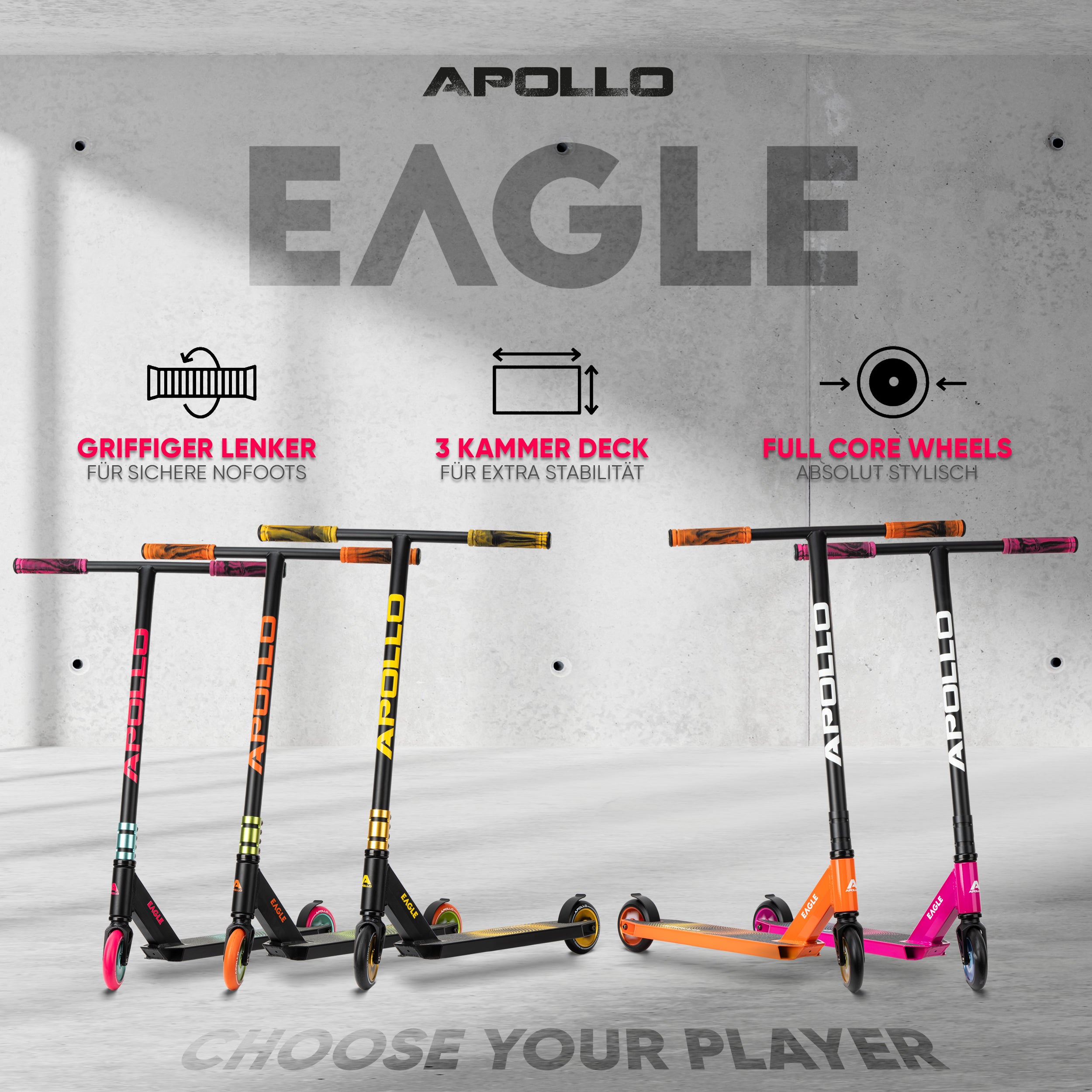 Apollo - Stunt Scooter 'Eagle' - eloxierter Profi Stuntroller mit ABEC 9 Kugellagern - Schwarz Mint Pink