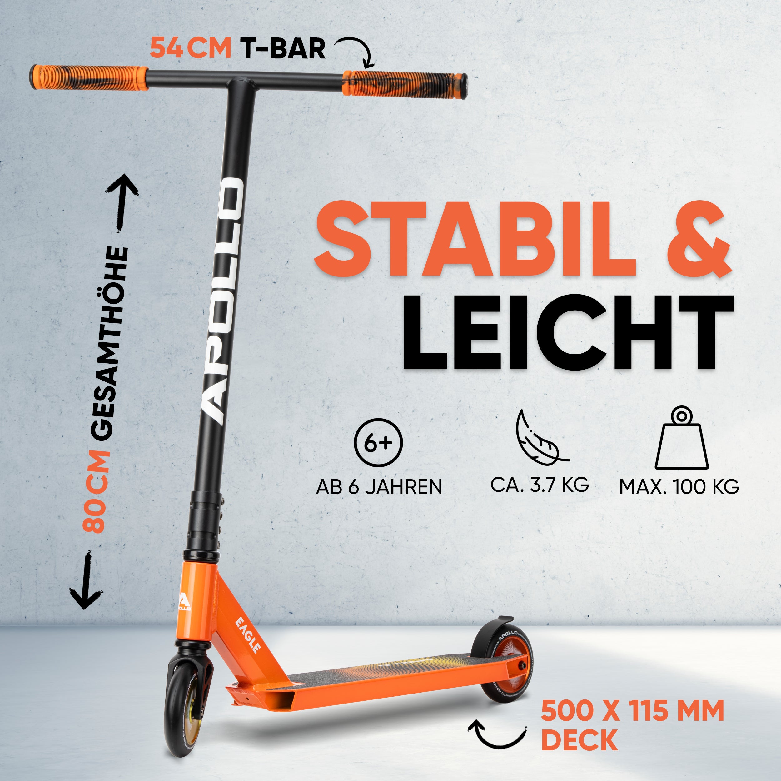 Apollo - Stunt Scooter 'Eagle' - eloxierter Profi Stuntroller mit ABEC 9 Kugellagern - Schwarz Orange