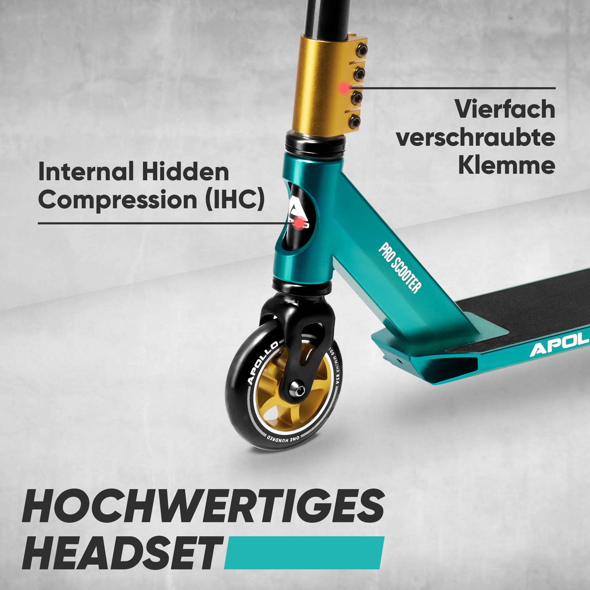 Apollo - Stunt Scooter - Star Pro - HighQuality eloxierter Profi Stunt Scooter - Schwarz Türkis Gold