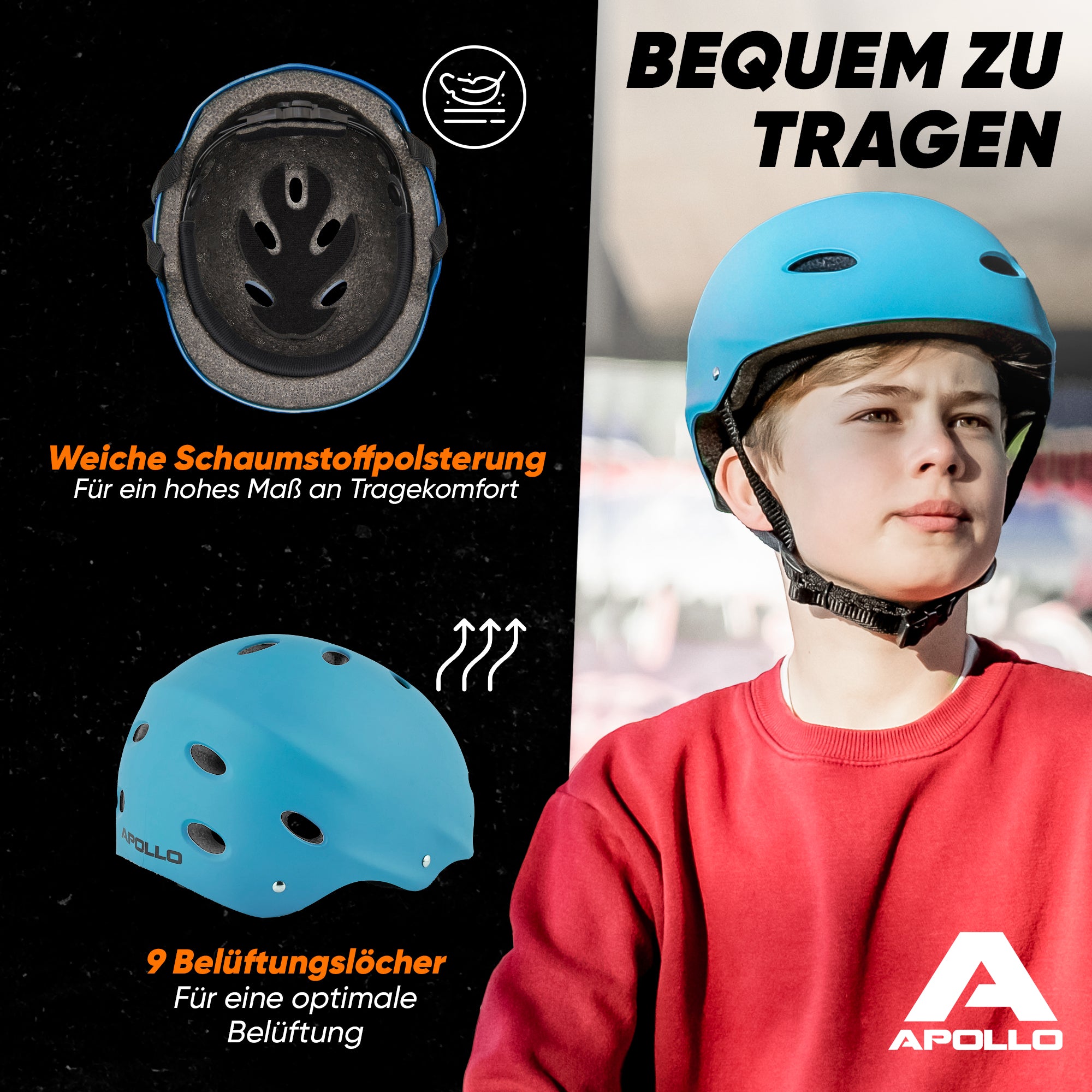 Apollo - Skatehelm, Multi Sport Helm Herren, Damen, Kinder, Kinderfahrradhelm verstellbar - Light Blue (Uni)