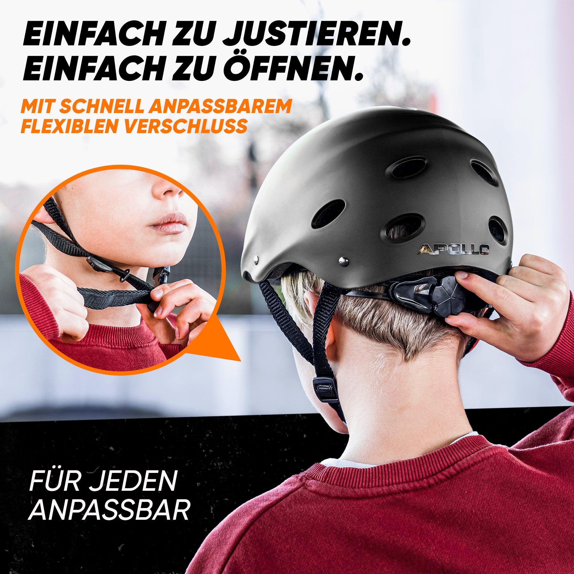 Apollo - Skatehelm, Multi Sport Helm Herren, Damen, Kinder, Kinderfahrradhelm verstellbar - Black