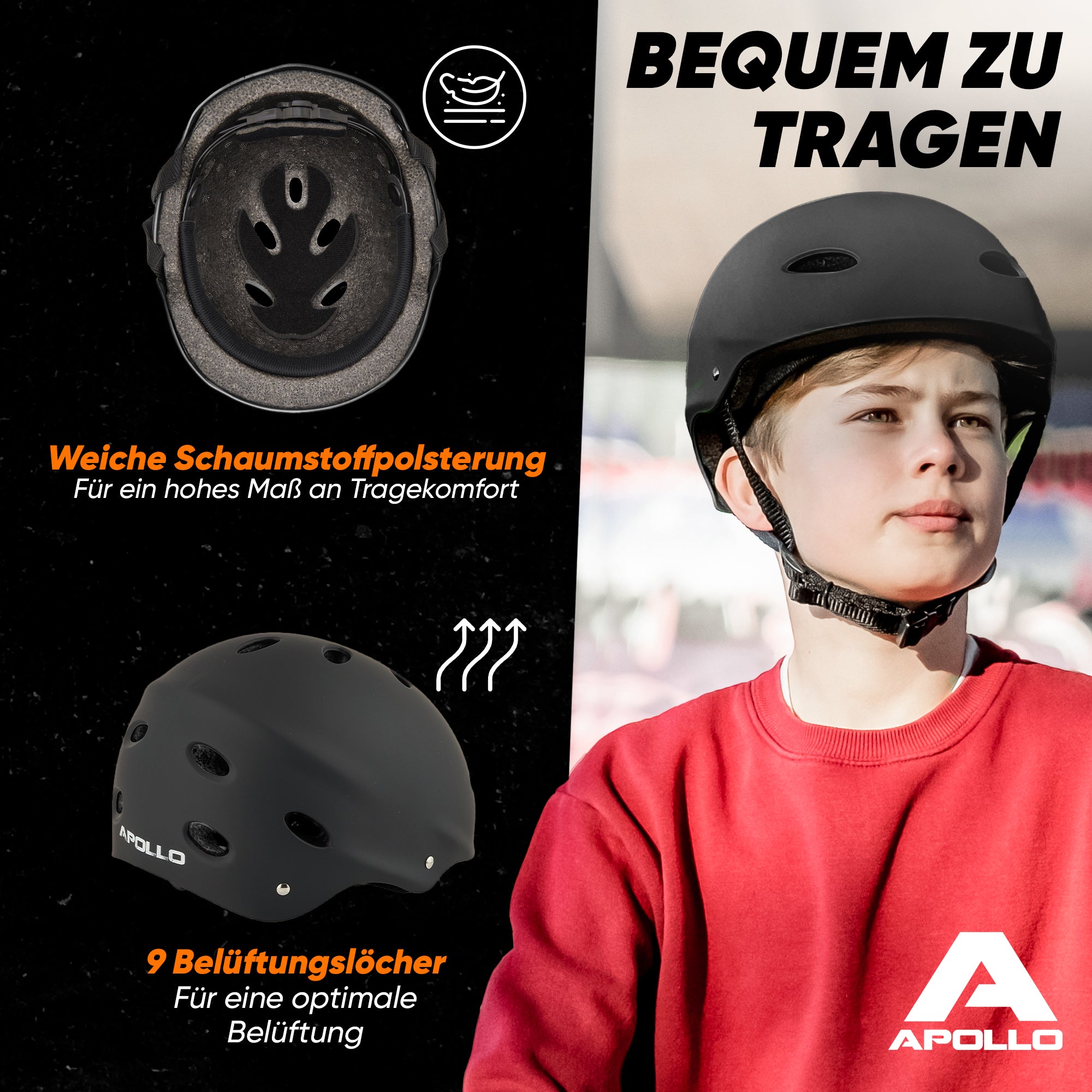 Apollo - Skatehelm, Multi Sport Helm Herren, Damen, Kinder, Kinderfahrradhelm verstellbar - Black
