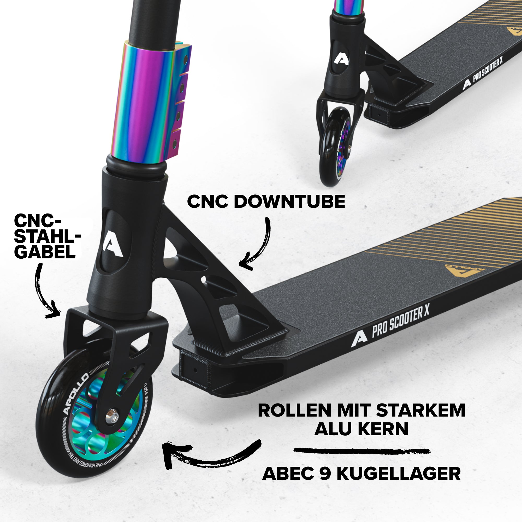 Apollo - High End Stunt Scooter - Genesis Pro X Stuntscooter mit ABEC 9 Kugellagern - Rainbow