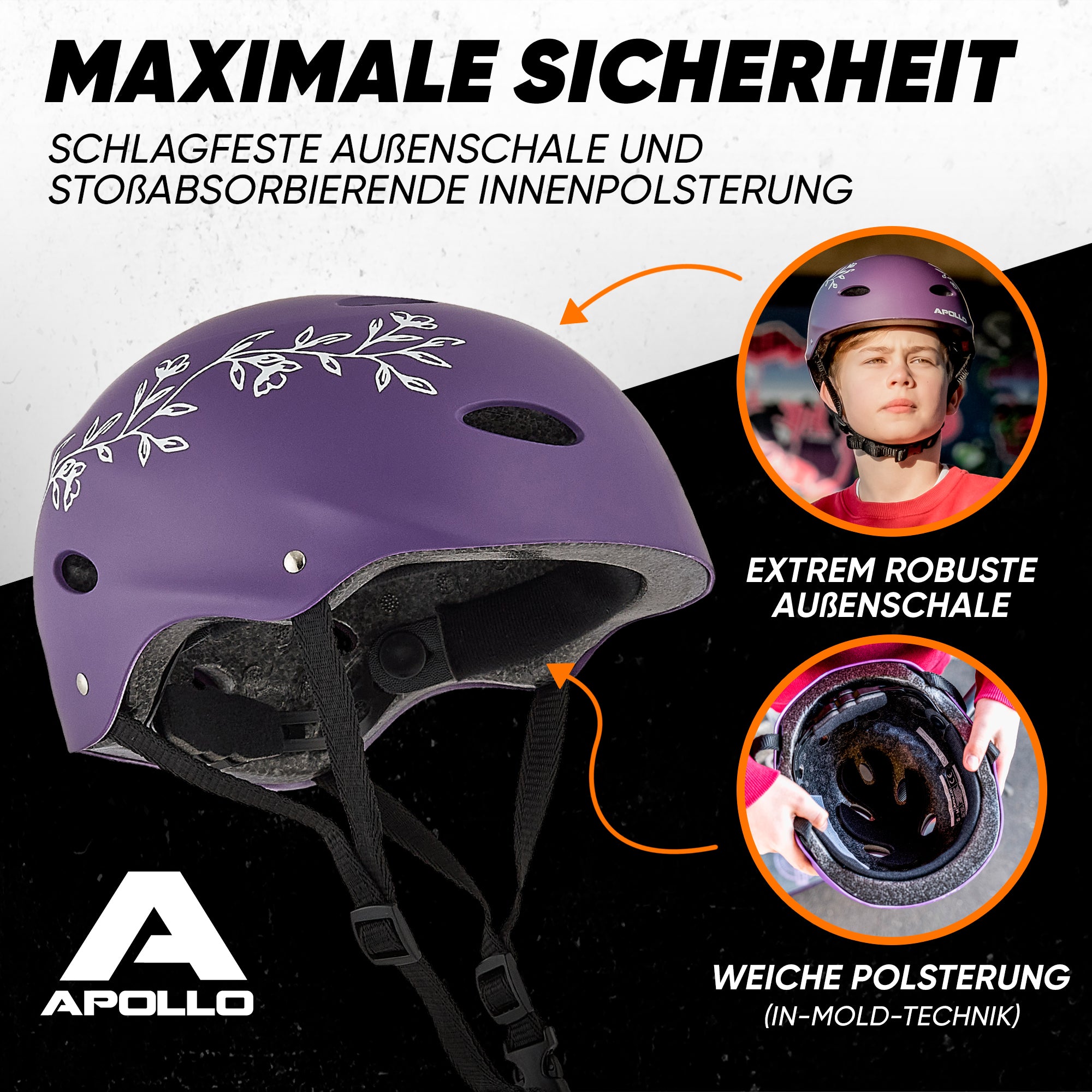 Apollo - Skatehelm, Multi Sport Helm Herren, Damen, Kinder, Kinderfahrradhelm verstellbar - Purple Flower