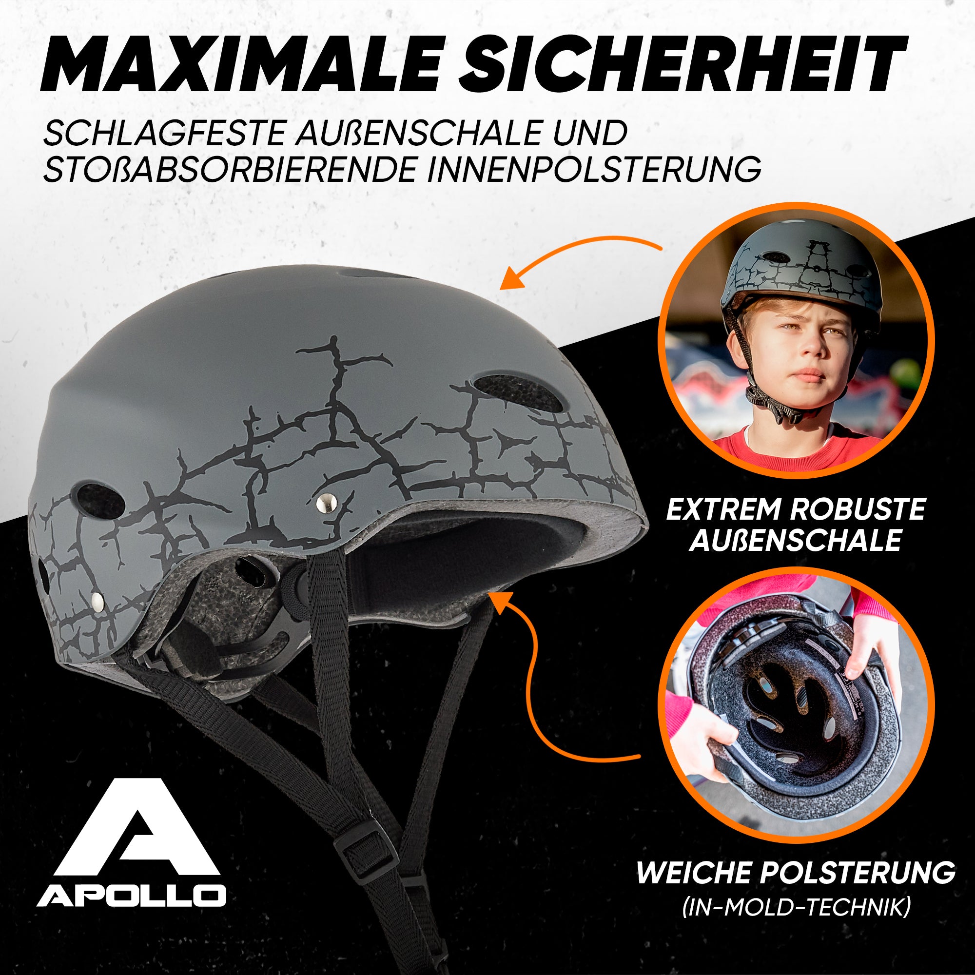 Apollo - Skatehelm, Multi Sport Helm Herren, Damen, Kinder, Kinderfahrradhelm verstellbar - Cracked