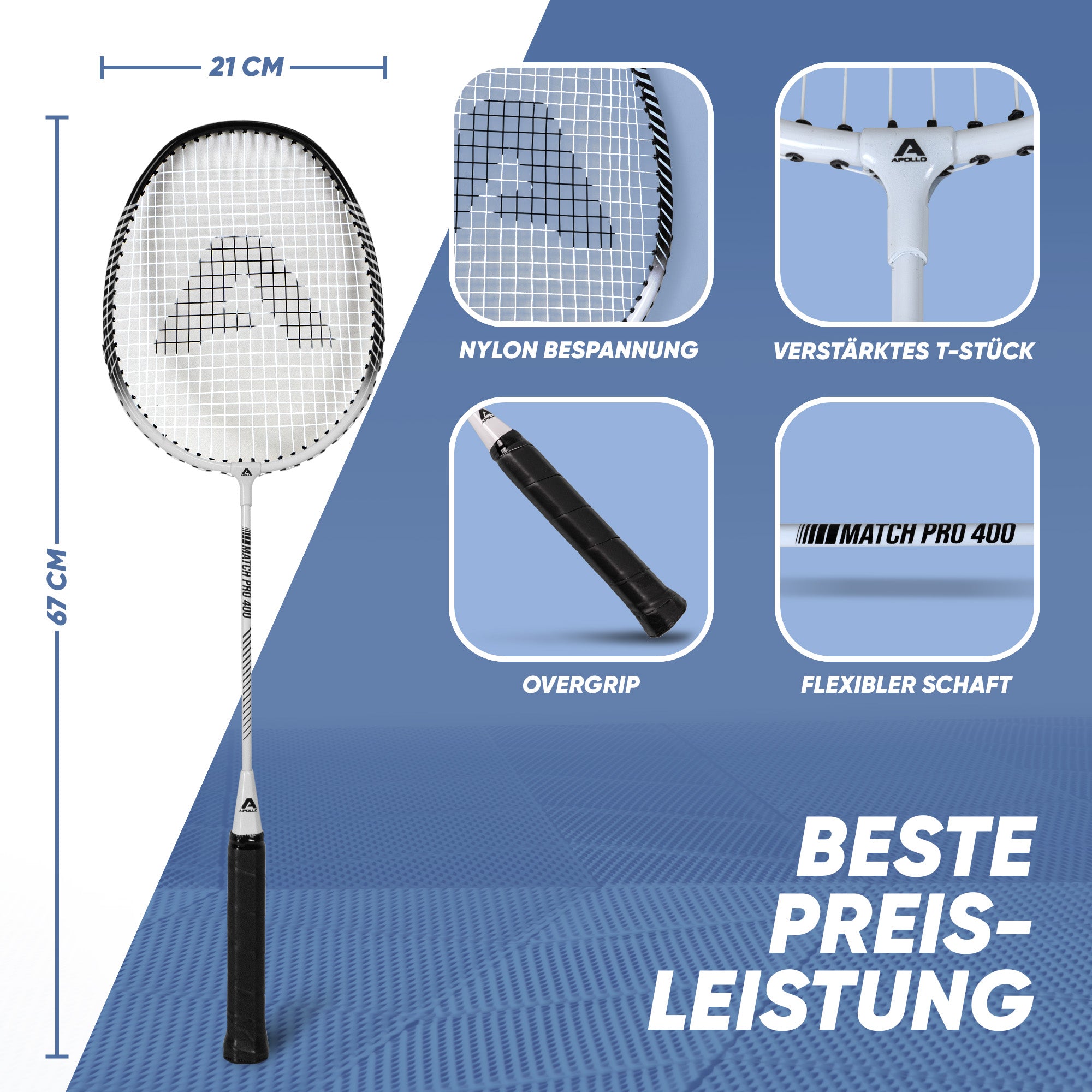 Apollo Funsport - Badminton Set Match Pro 400 - inkl. Tasche, 2x Schläger, Bälle - White Black