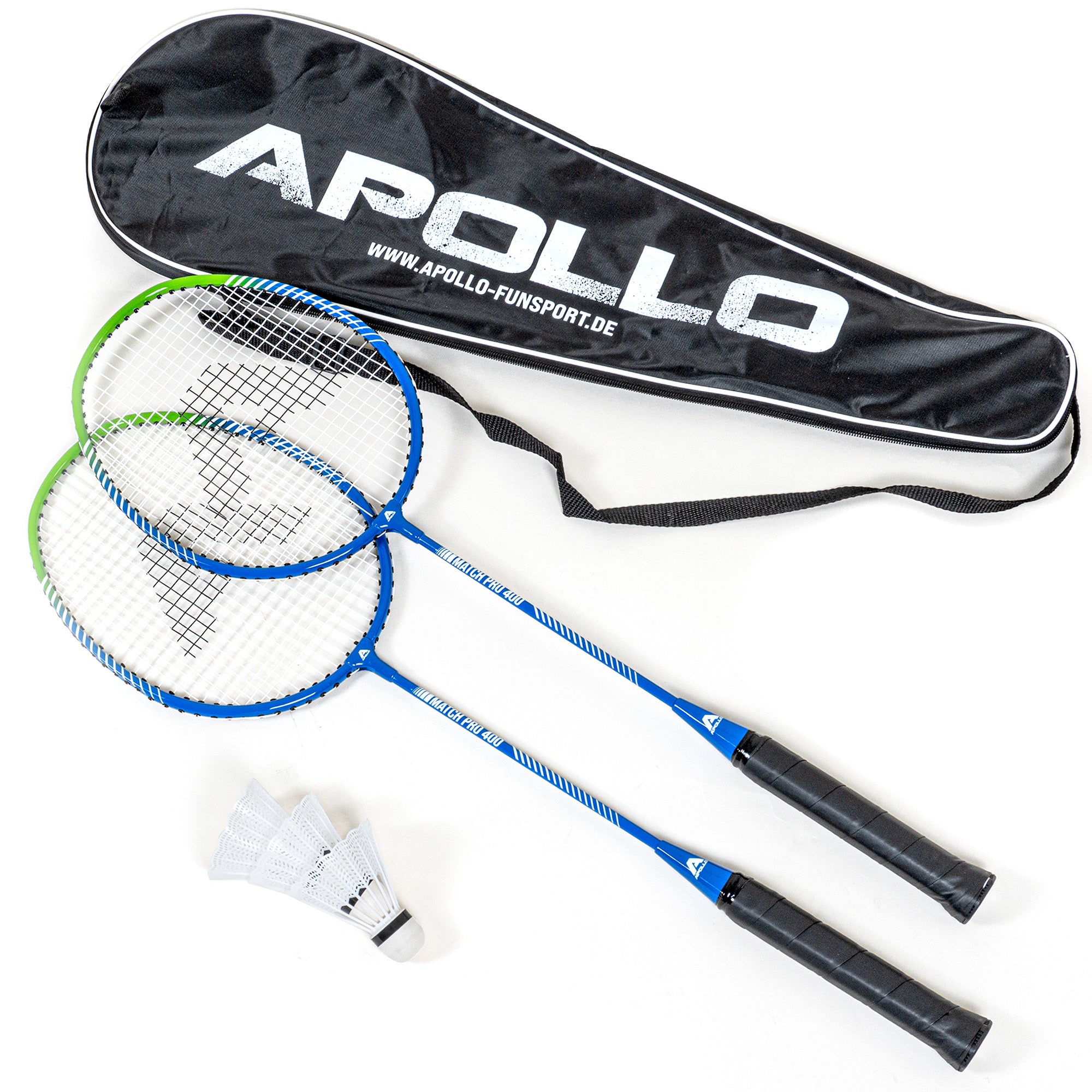 Apollo Funsport - Badminton Set Match Pro 400 - inkl. Tasche, 2x Schläger, Bälle - Blue Green