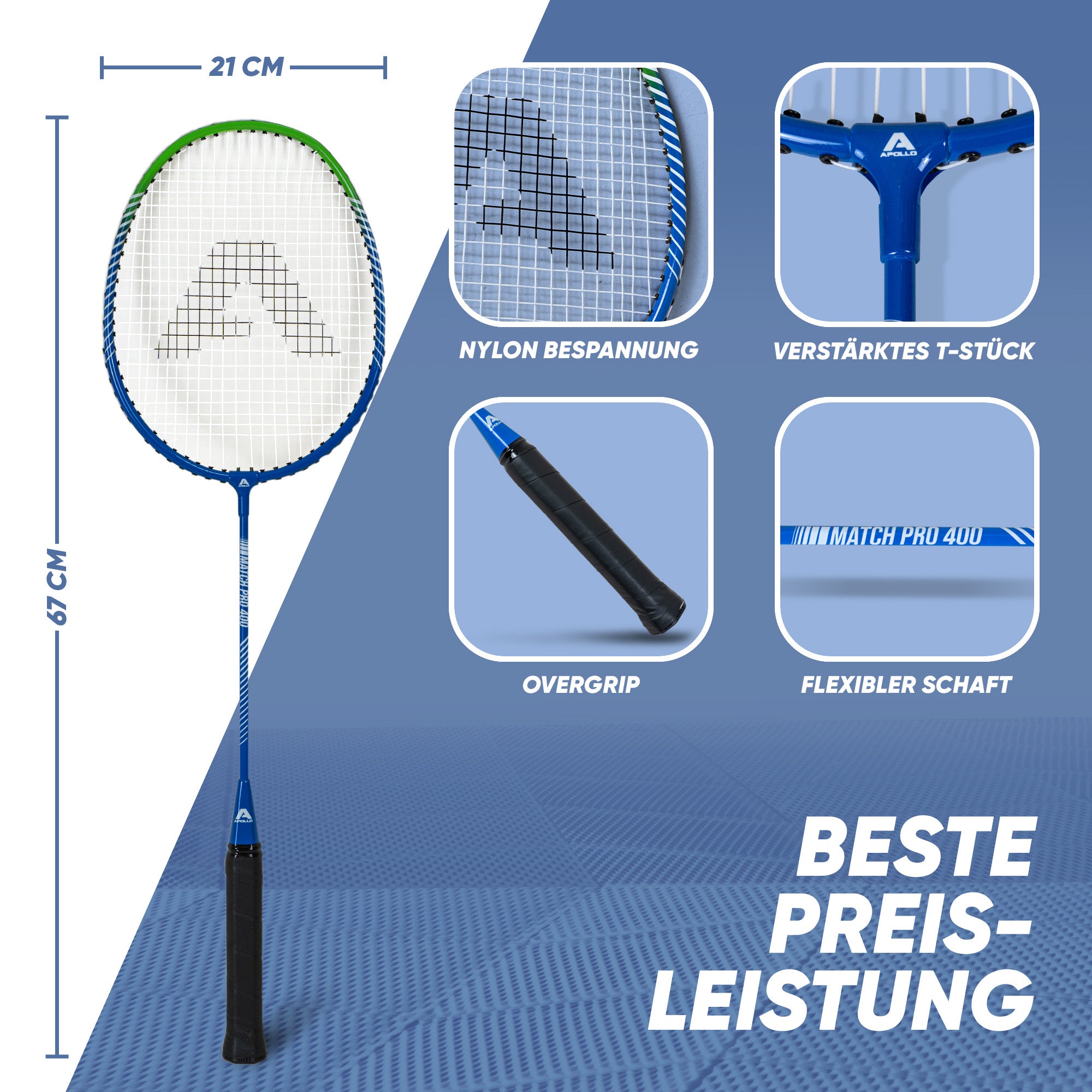 Apollo Funsport - Badminton Set Match Pro 400 - inkl. Tasche, 2x Schläger, Bälle - Blue Green