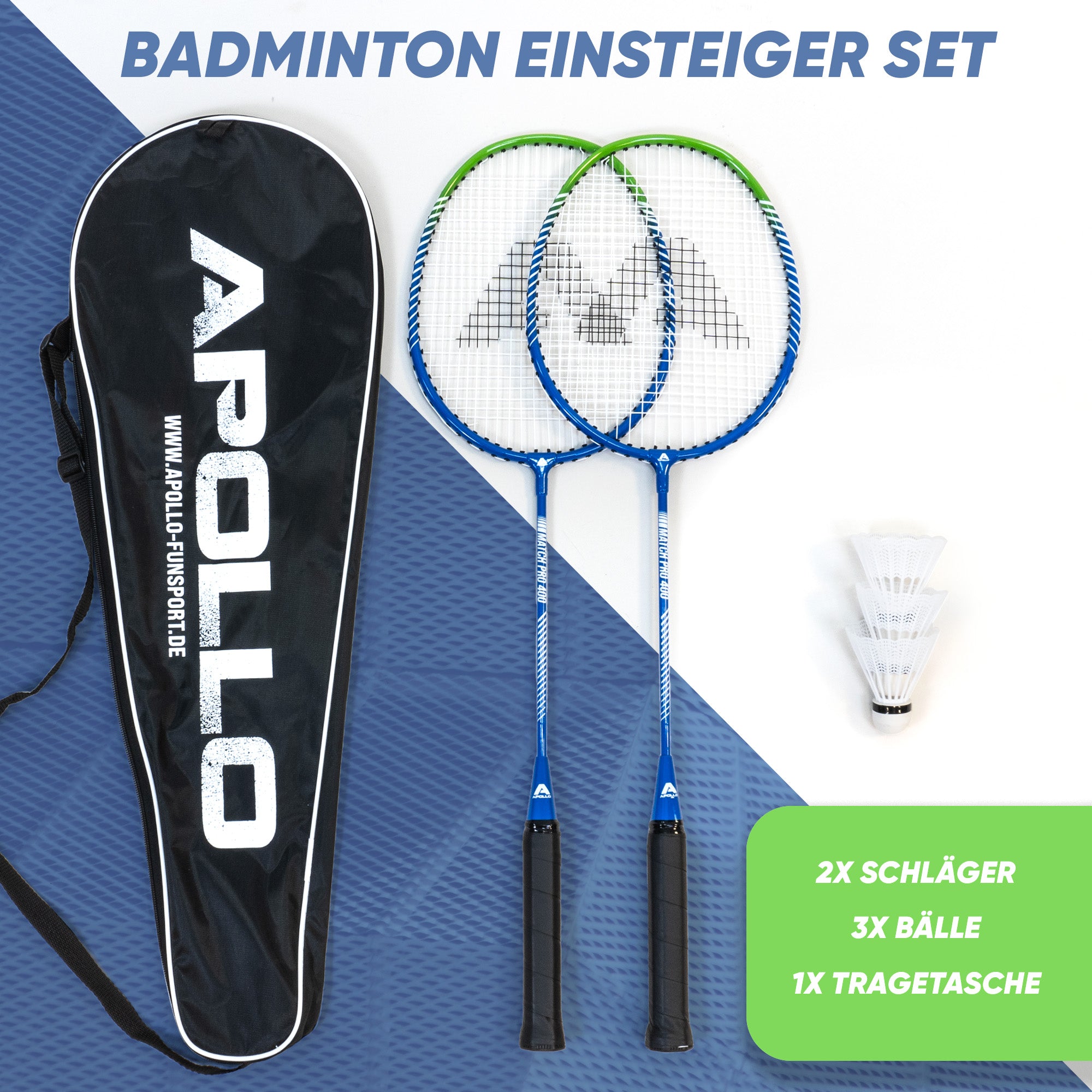 Apollo Funsport - Badminton Set Match Pro 400 - inkl. Tasche, 2x Schläger, Bälle - Blue Green