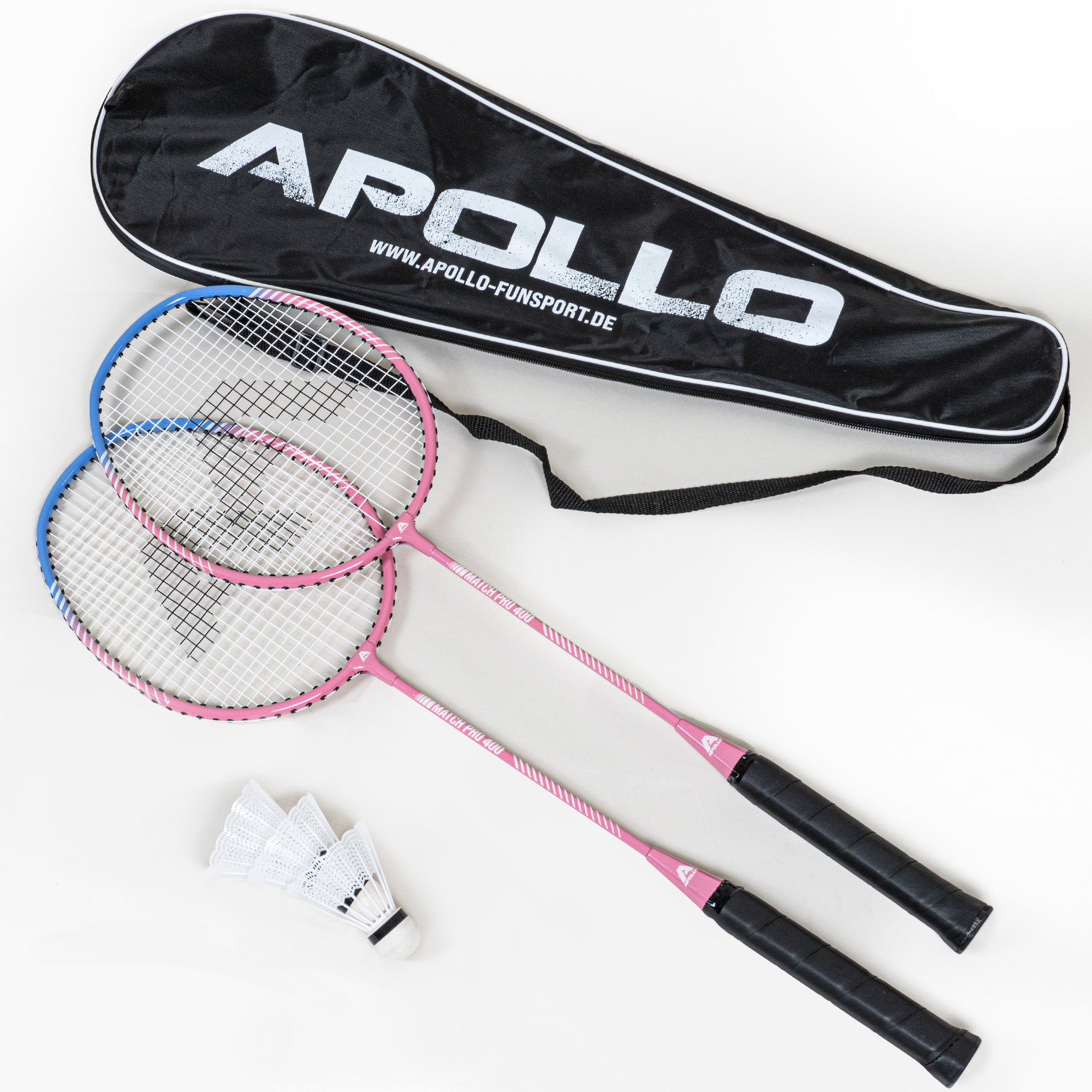Apollo Funsport - Badminton Set Match Pro 400 - inkl. Tasche, 2x Schläger, Bälle - Blue Pink