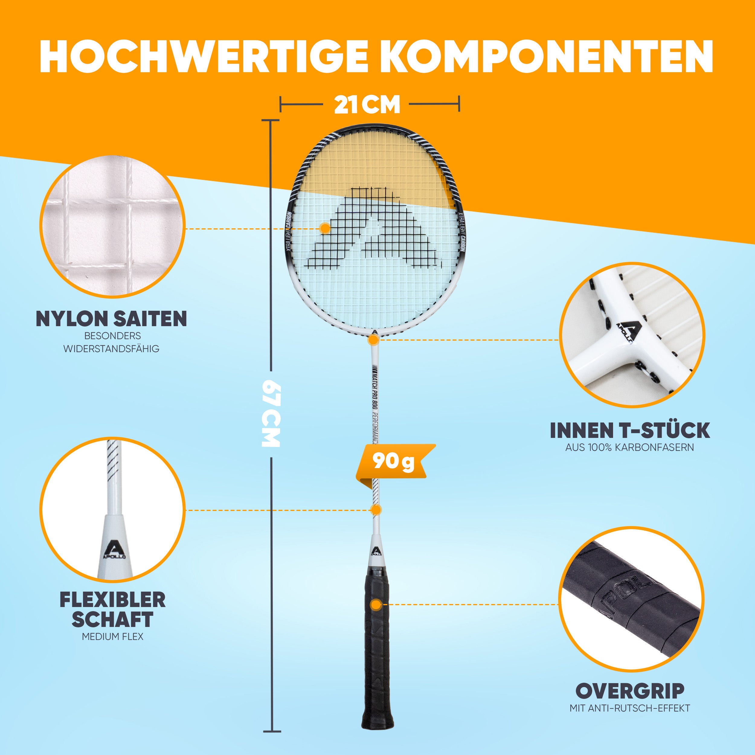 Apollo - Badminton Set Match Pro 800 - inkl. Tasche, 2x Schläger, Bälle - Weiß Schwarz