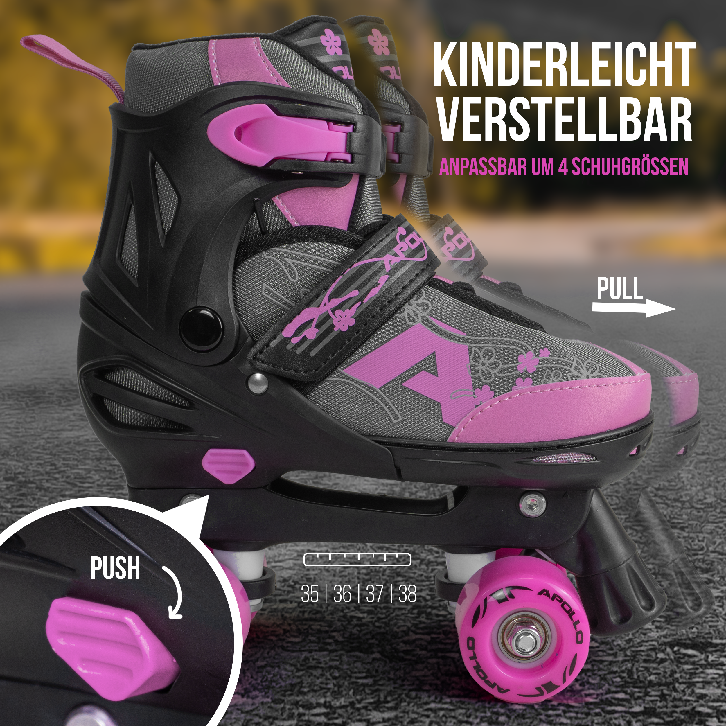 Apollo Funsport - Champion Adjustable Quad Skate - verstellbare Rollschuhe für Kinder & Jugendliche - Pink