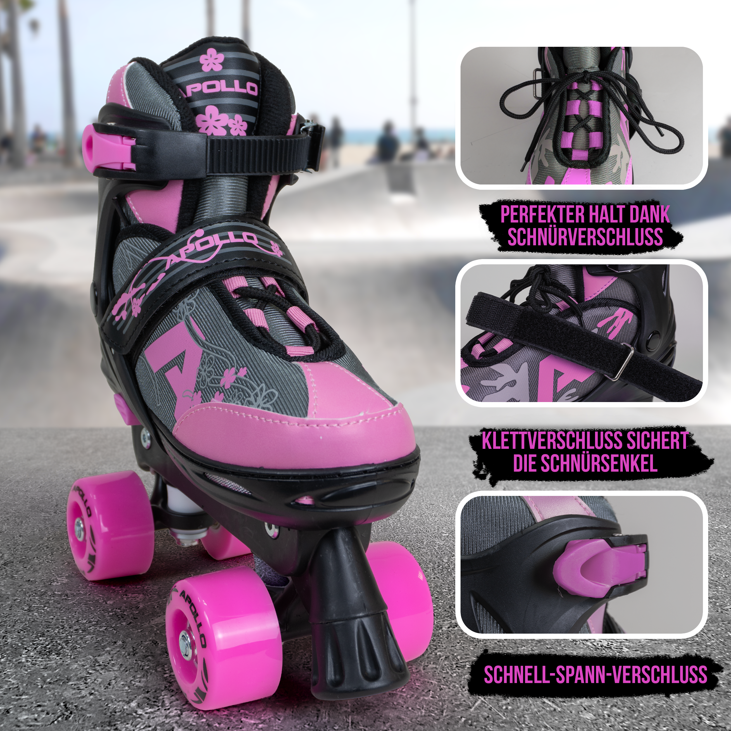 Apollo Funsport - Champion Adjustable Quad Skate - verstellbare Rollschuhe für Kinder & Jugendliche - Pink