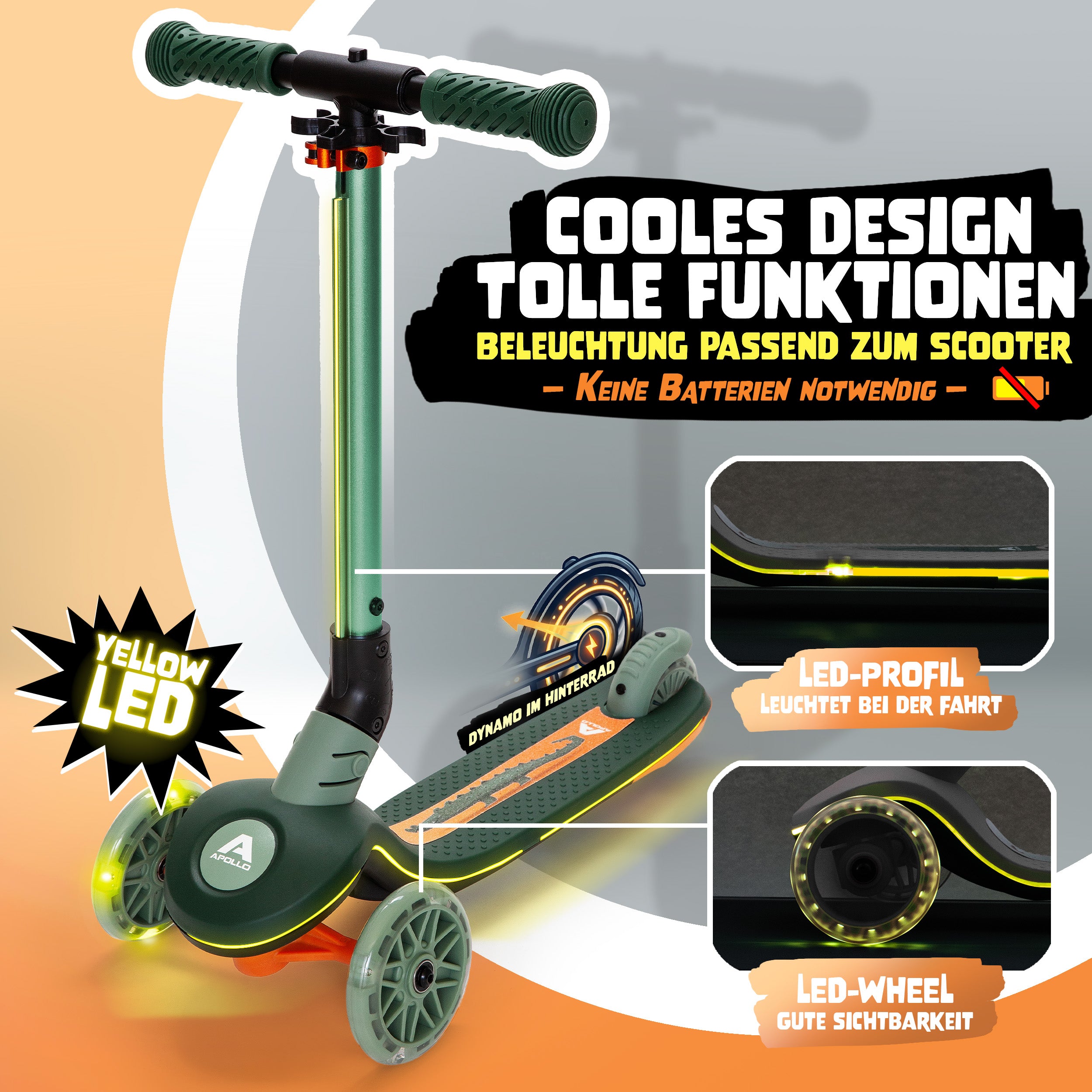 Apollo Funsport - Apollo Whizzie LED Kinderroller, höhenverstellbarer Dreiradscooter für Kinder ab 3 Jahre - Croco
