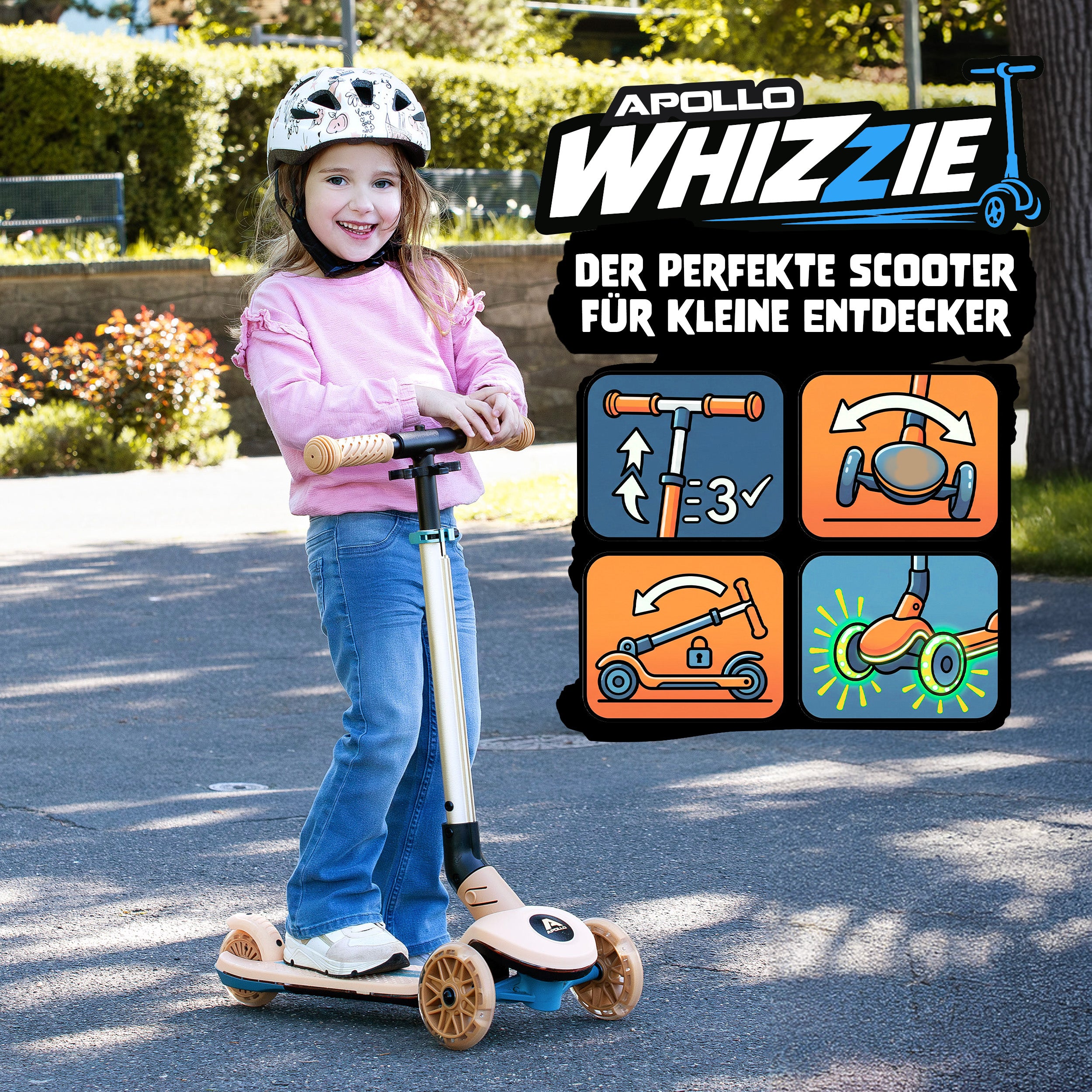 Apollo Funsport - Apollo Whizzie LED Kinderroller, höhenverstellbarer Dreiradscooter für Kinder ab 3 Jahre - Giraffe