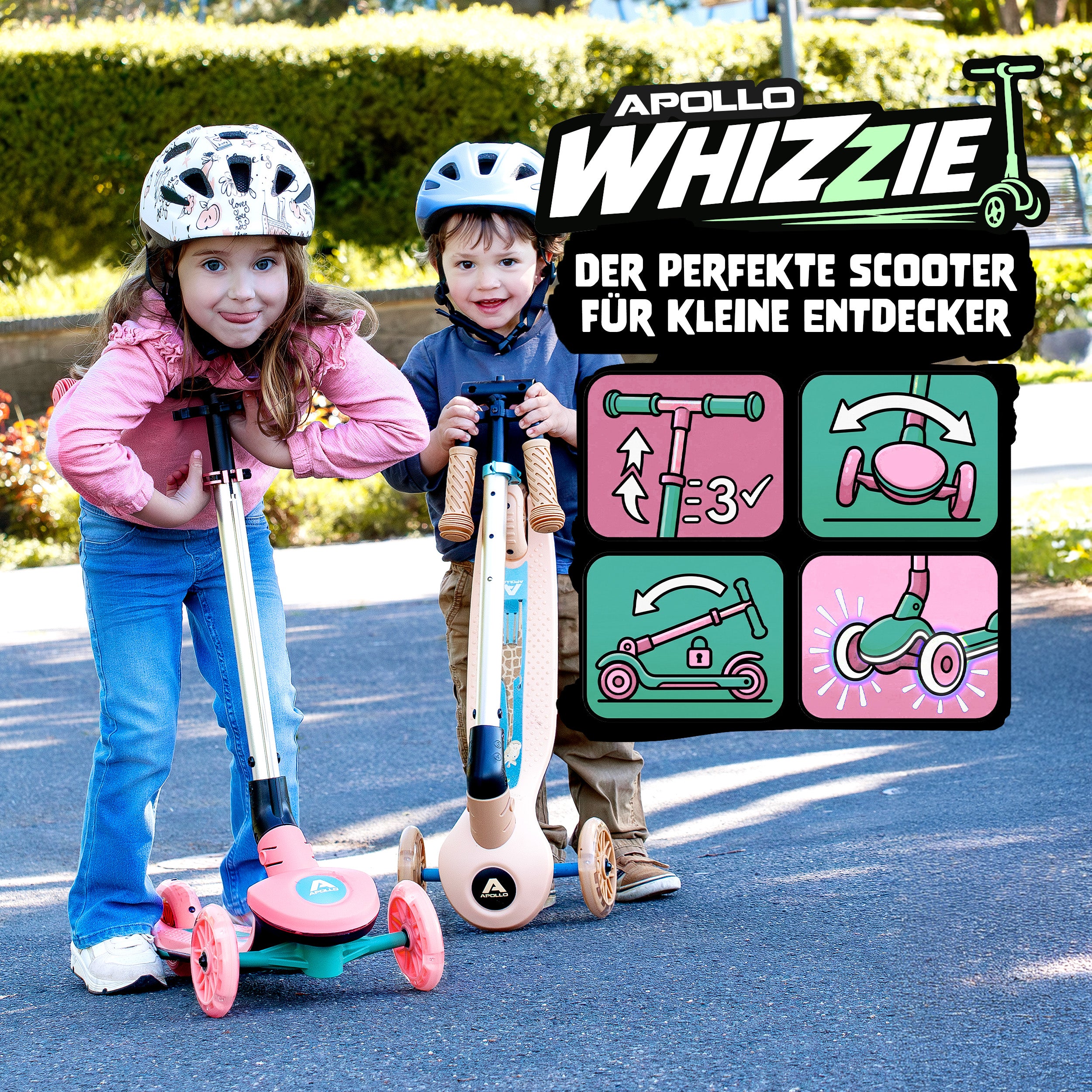 Apollo Funsport - Apollo Whizzie LED Kinderroller, höhenverstellbarer Dreiradscooter für Kinder ab 3 Jahre - Flamingo