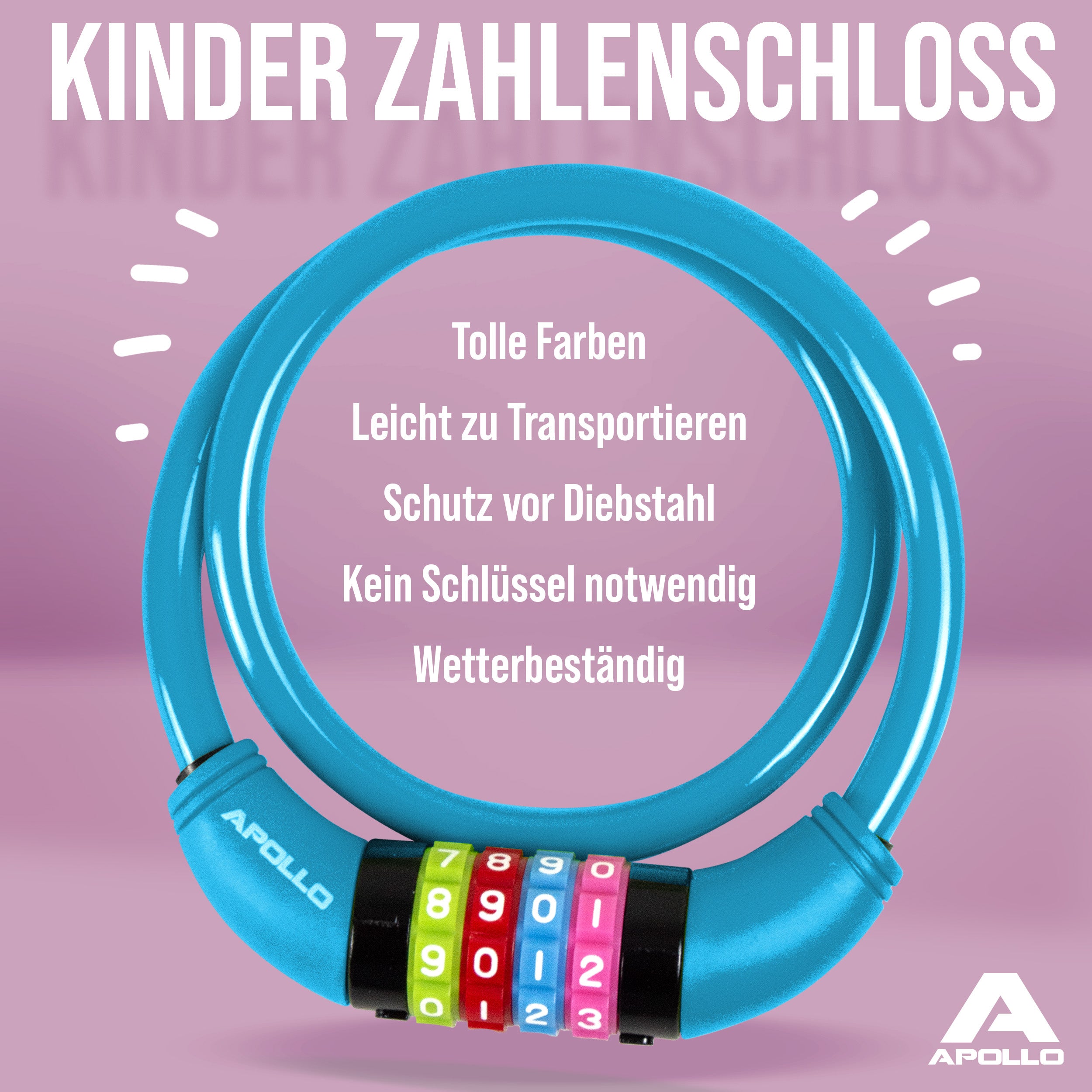 Apollo - Fahrradschloss mit Zahlen für Kinder, 10x650 mm, Scooter Schloss,Zahlenschloss - Blau