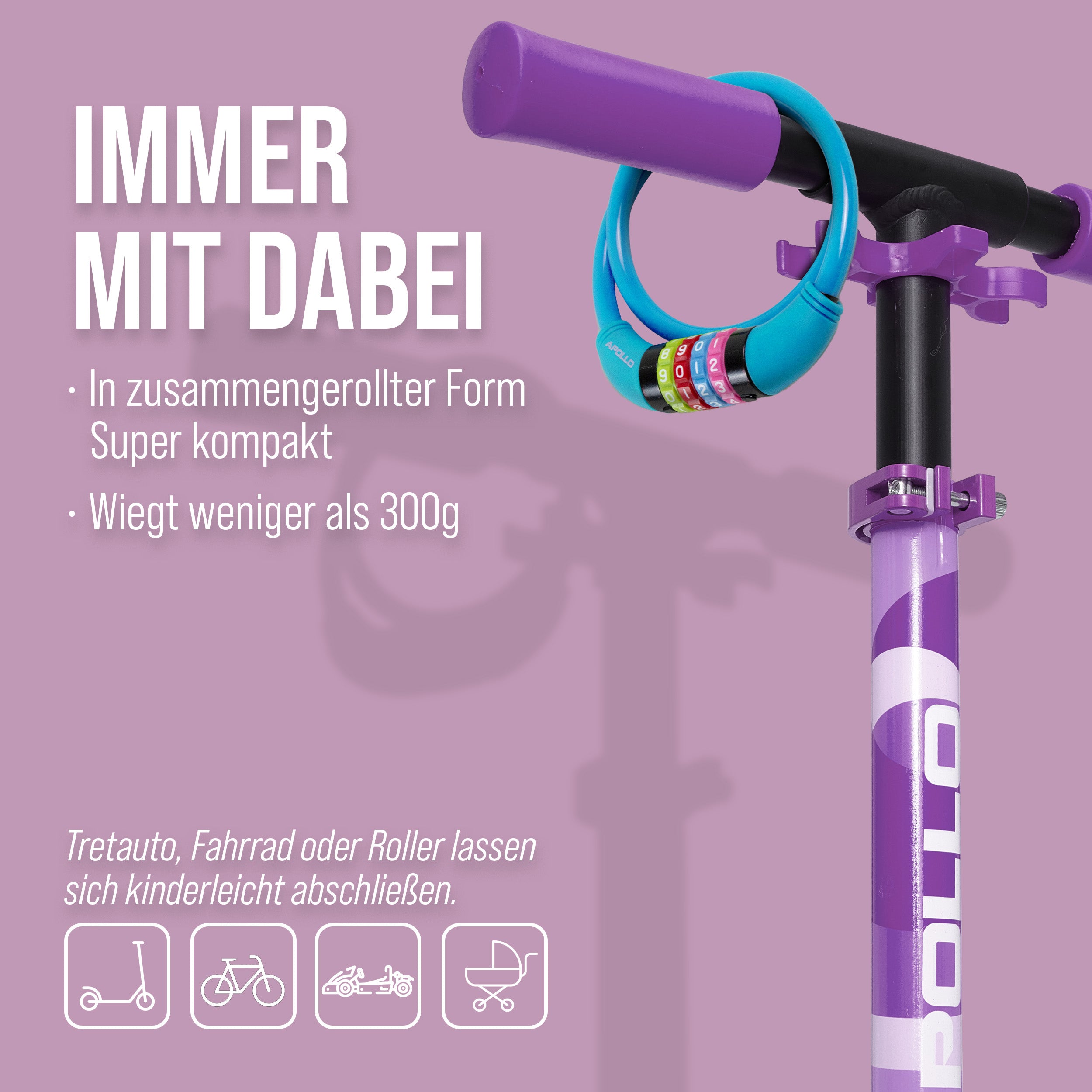 Apollo - Fahrradschloss mit Zahlen für Kinder, 10x650 mm, Scooter Schloss,Zahlenschloss - Blau