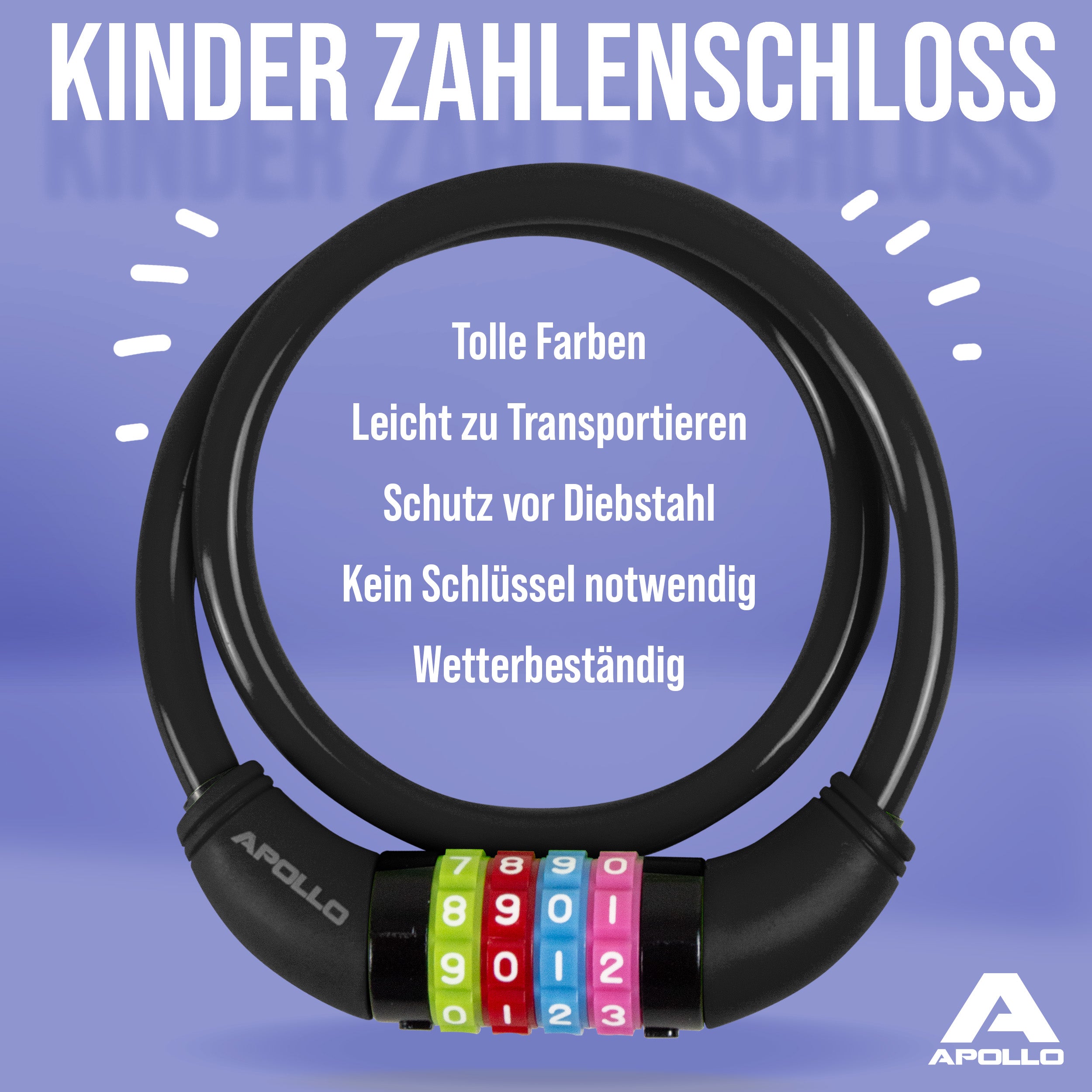 Apollo - Fahrradschloss mit Zahlen für Kinder, 10x650 mm, Scooter Schloss,Zahlenschloss - Schwarz