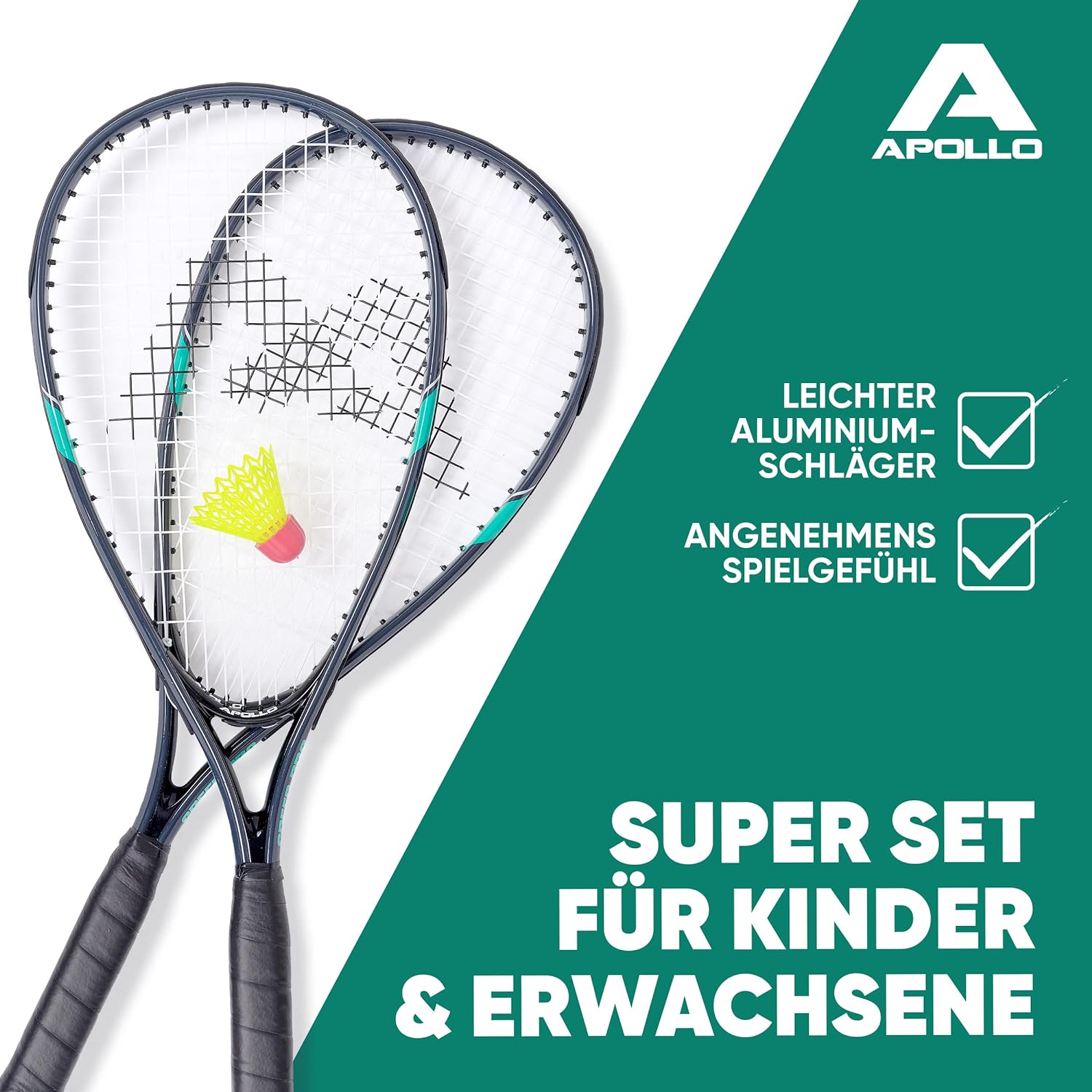 Apollo - Speed Badminton Set - inkl. Tasche, 2x Schläger, Bälle - Grau Mint