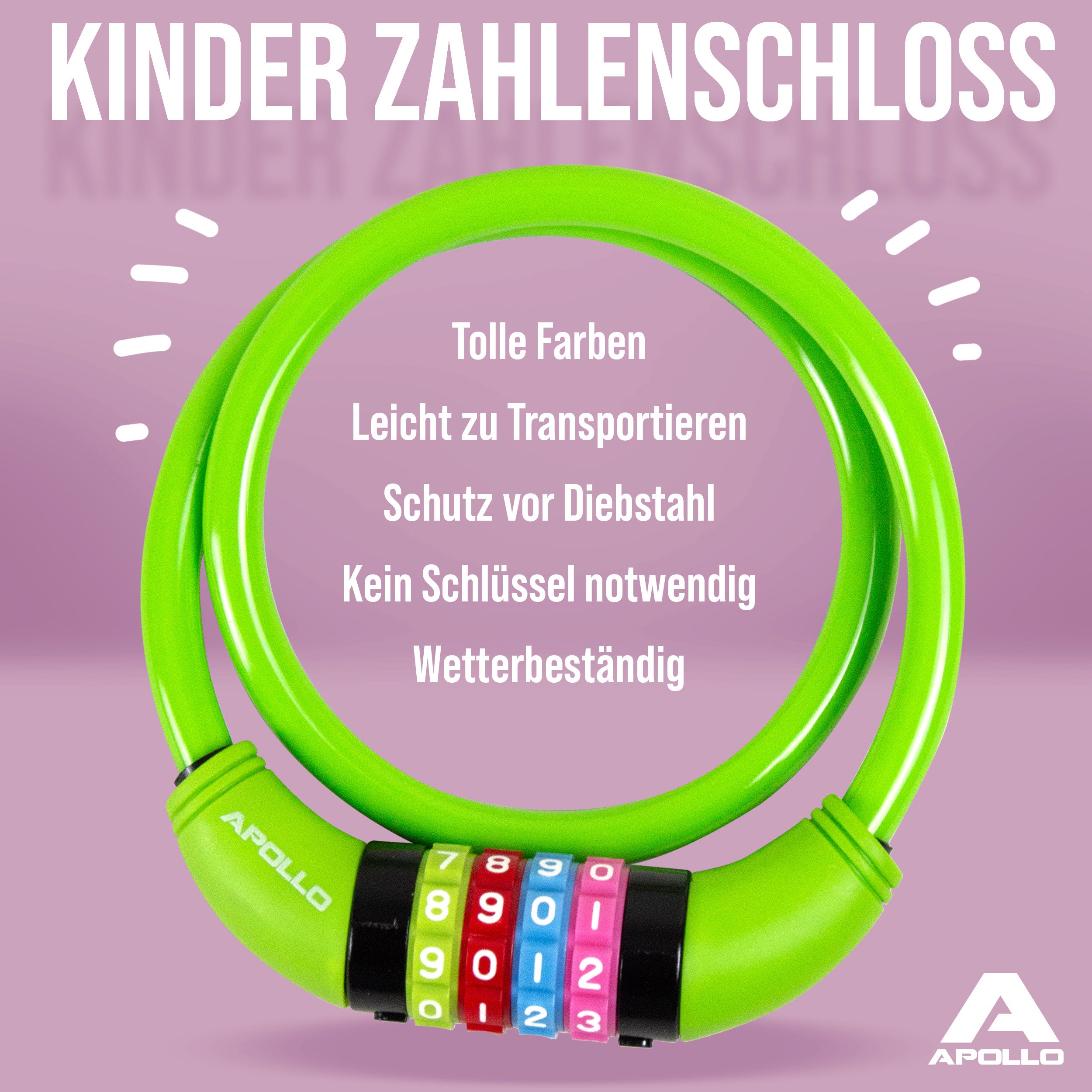 Apollo - Fahrradschloss mit Zahlen für Kinder, 10x650 mm, Scooter Schloss,Zahlenschloss - Grün