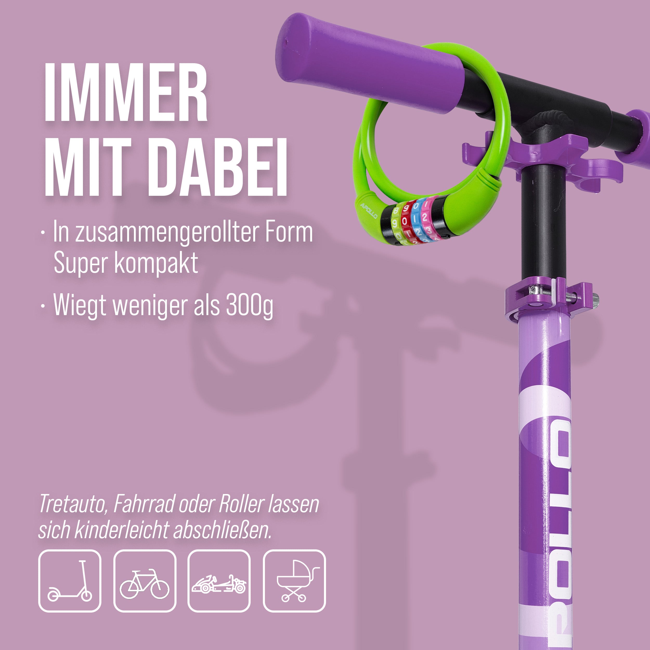 Apollo - Fahrradschloss mit Zahlen für Kinder, 10x650 mm, Scooter Schloss,Zahlenschloss - Grün