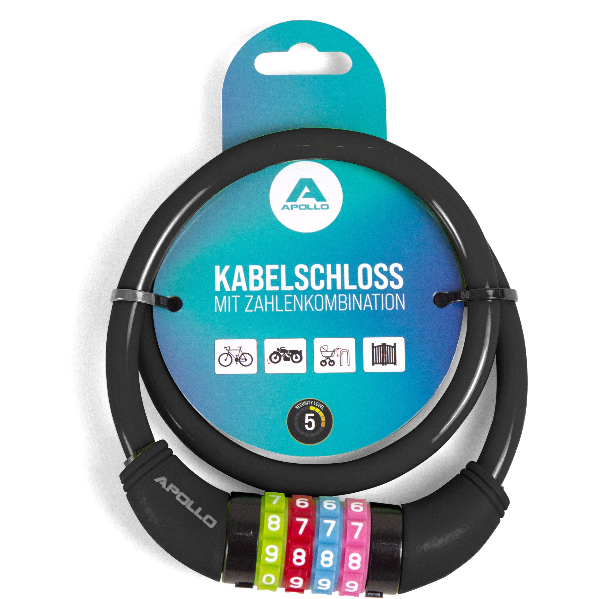 Apollo - Fahrradschloss mit Zahlen für Kinder, 10x650 mm, Scooter Schloss,Zahlenschloss - Schwarz