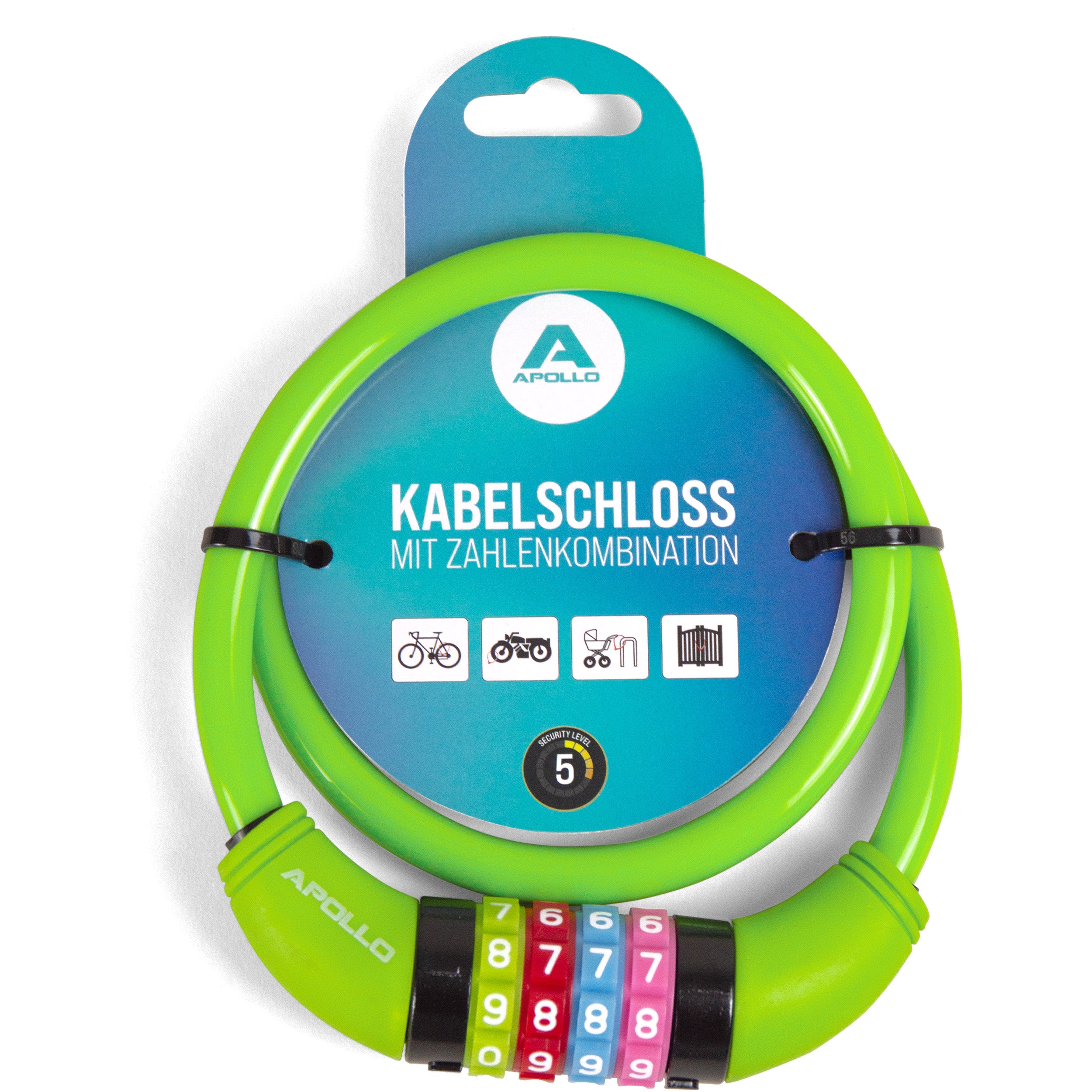 Apollo - Fahrradschloss mit Zahlen für Kinder, 10x650 mm, Scooter Schloss,Zahlenschloss - Grün