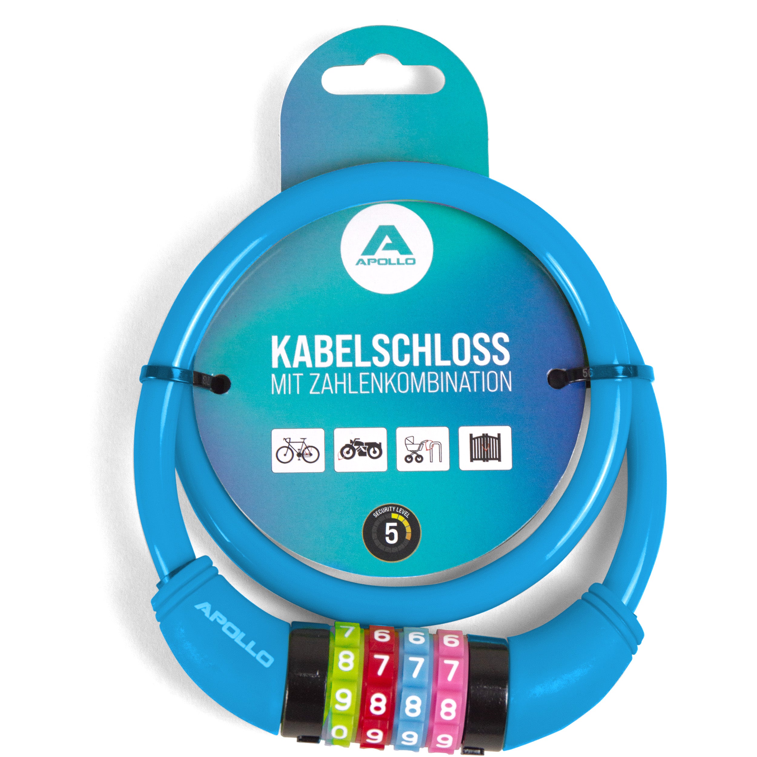 Apollo - Fahrradschloss mit Zahlen für Kinder, 10x650 mm, Scooter Schloss,Zahlenschloss - Blau