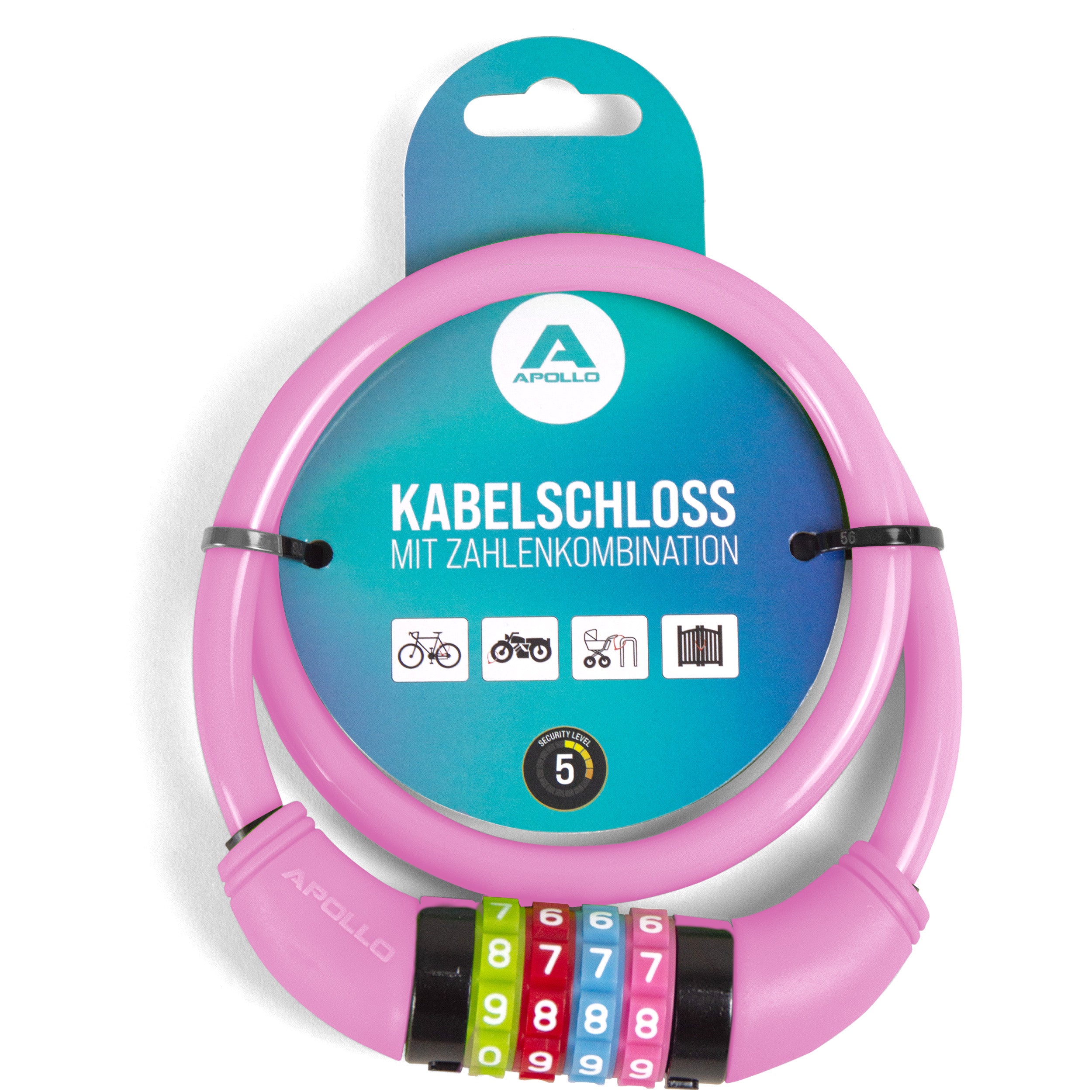 Apollo - Fahrradschloss mit Zahlen für Kinder, 10x650 mm, Scooter Schloss,Zahlenschloss - Pink
