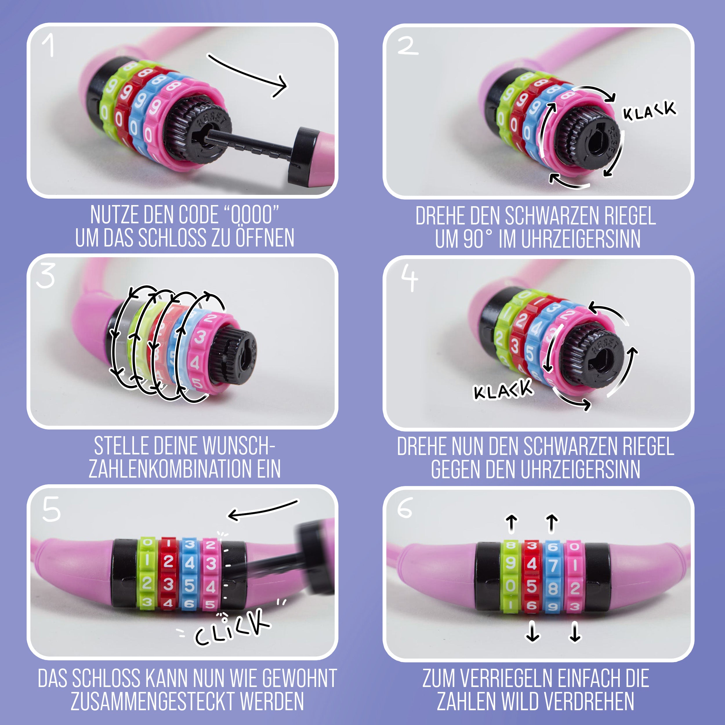 Apollo - Fahrradschloss mit Zahlen für Kinder, 10x650 mm, Scooter Schloss,Zahlenschloss - Pink