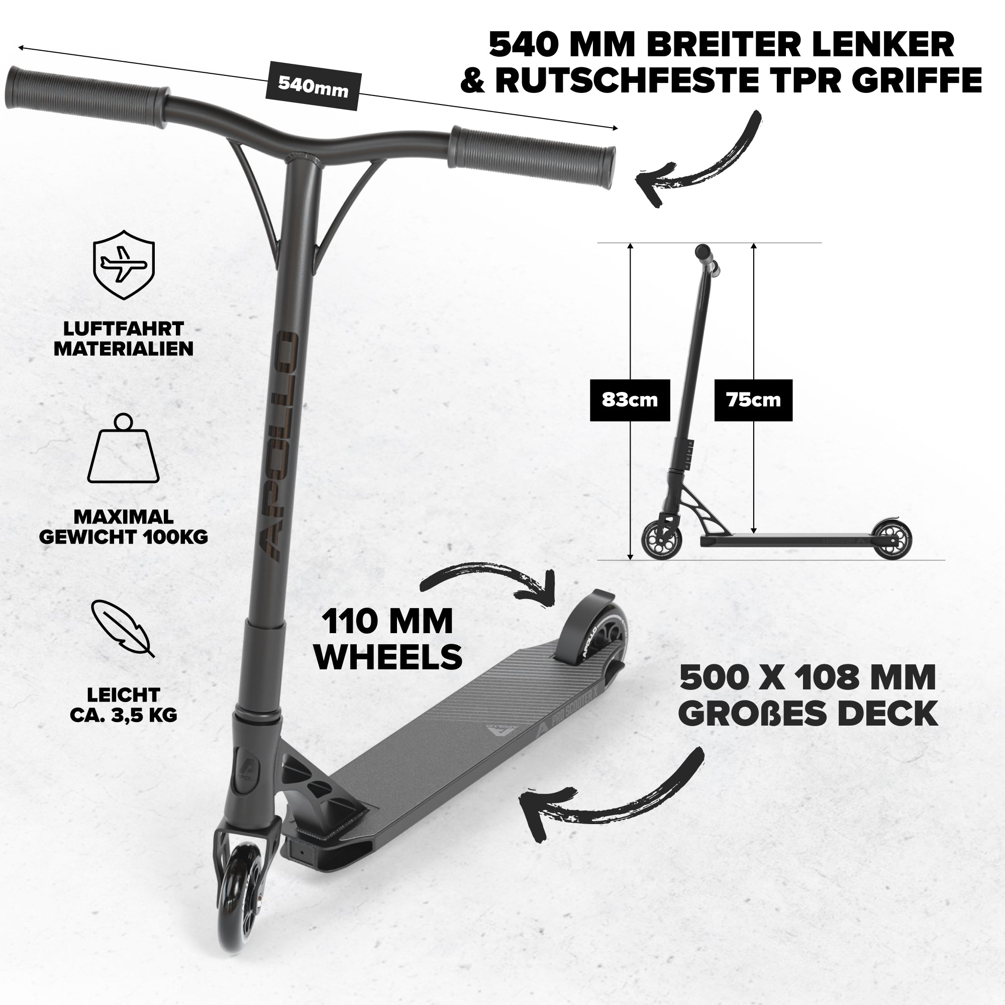 Apollo - High End Stunt Scooter - Genesis Pro X Stuntscooter mit ABEC 9 Kugellagern - Schwarz