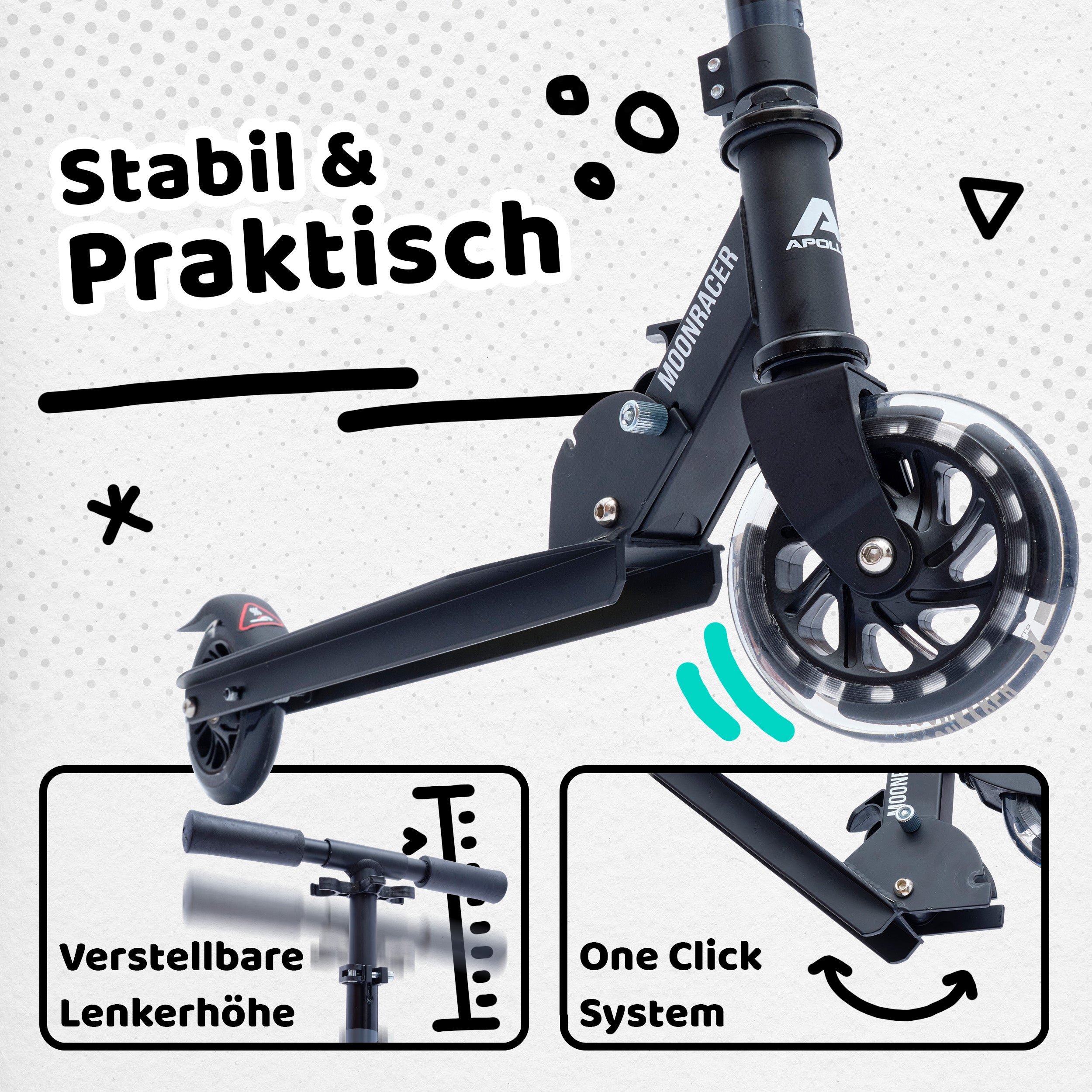 Apollo - Scooter LED - "Moonracer" City Scooter Kinder mit Federung - Schwarz