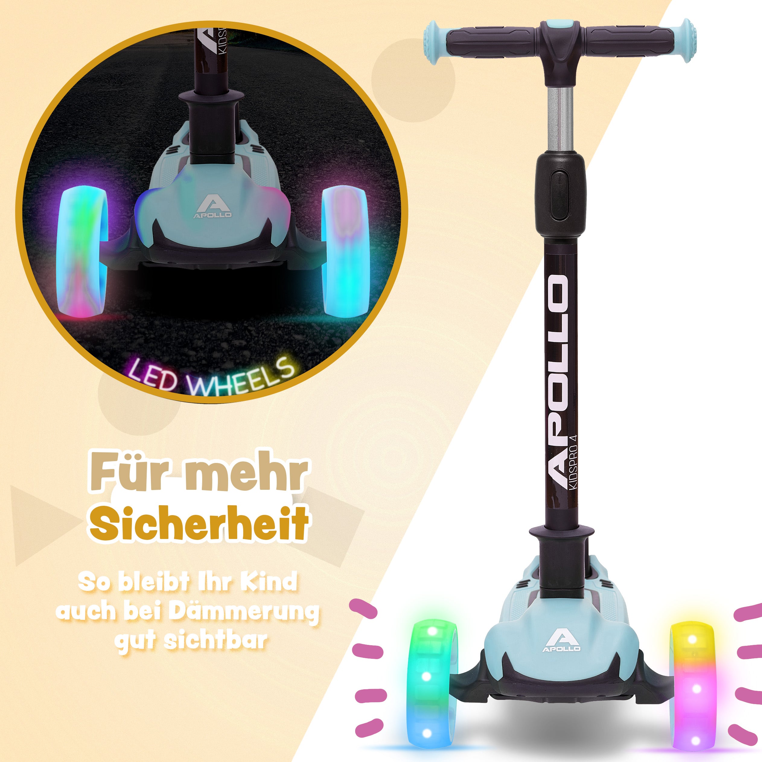 Apollo - Kinderscooter "KidsPro4" klappbarer LED Roller - Blau