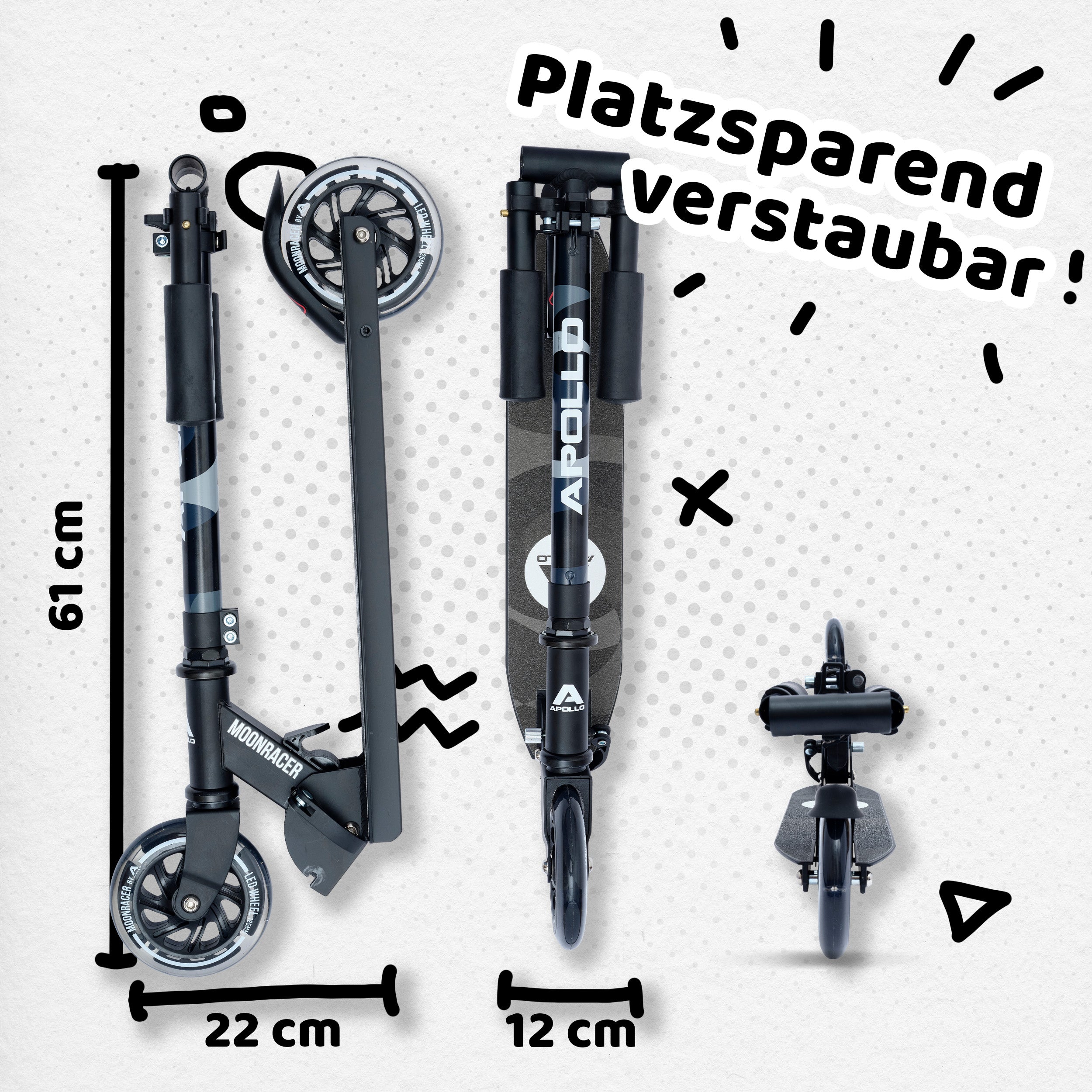 Apollo - Scooter LED - "Moonracer" City Scooter Kinder mit Federung - Schwarz