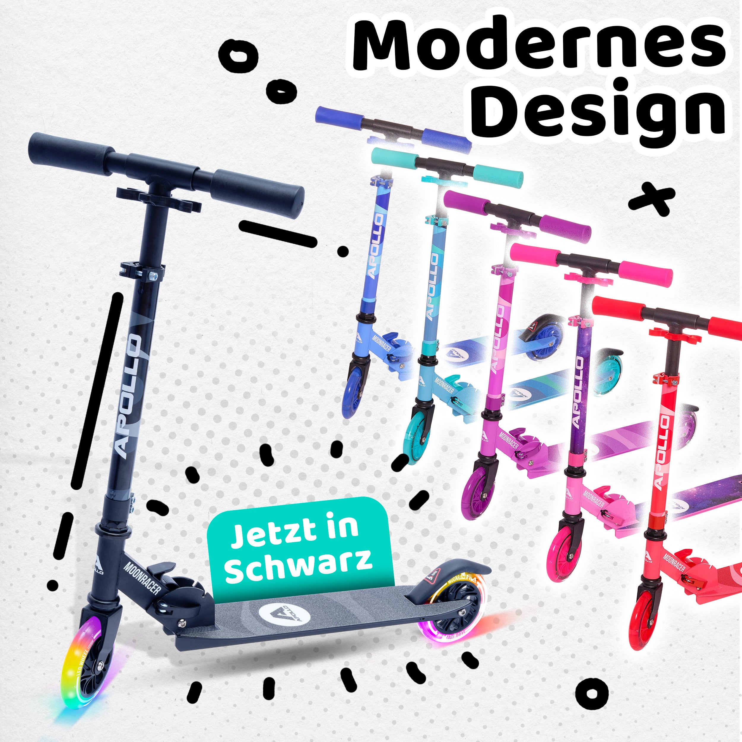 Apollo - Scooter LED - "Moonracer" City Scooter Kinder mit Federung - Schwarz