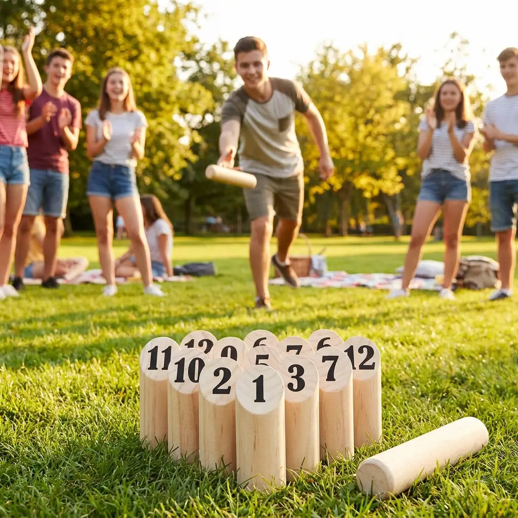 Wurfspiel im Einsatz auf der Wiese, Spieler beim Wurf